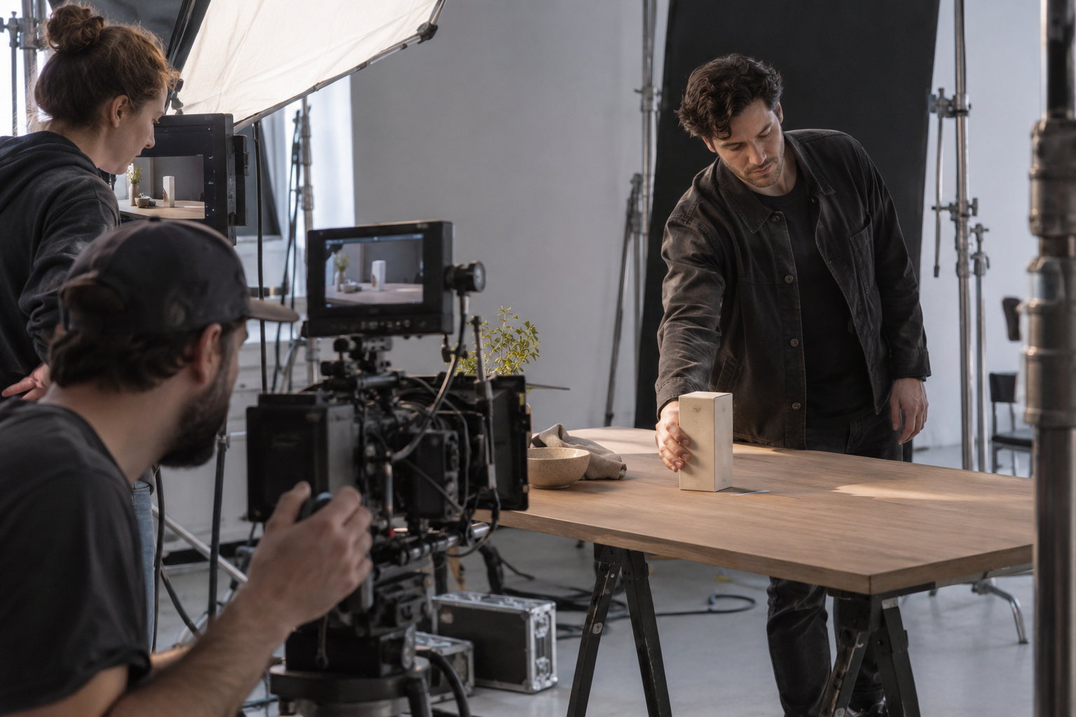Performer rehearsing a package placement while the camera crew observes