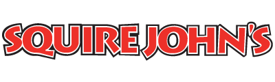 Squire John's logo with red and white text on a black background