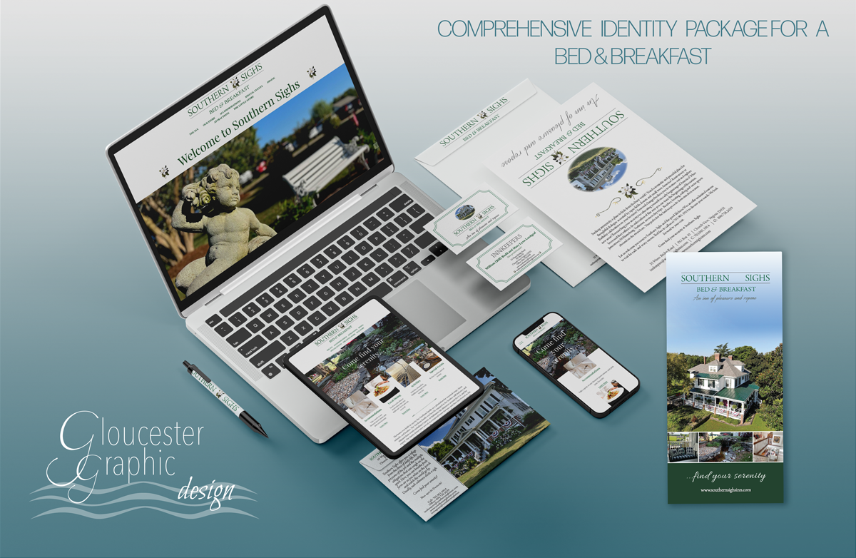Marketing materials and devices for Southern Sighs Bed & Breakfast, including a laptop, smartphone, tablet, flyers, and a brochure displayed on a desk.