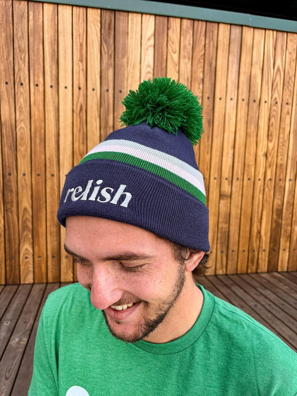 Navy Stripe Beanie with Green Pom