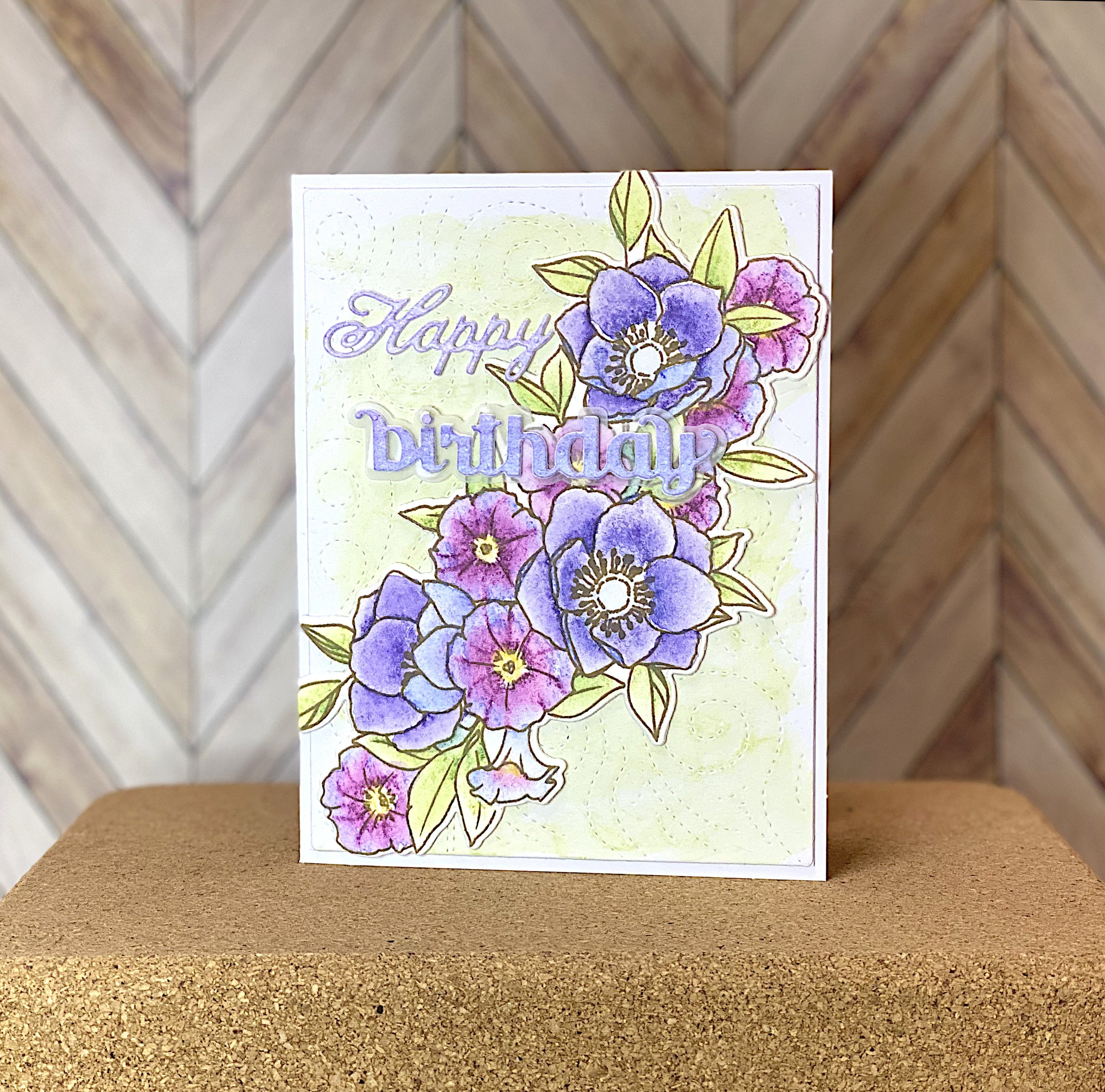 Watercolor purple flowers birthday card. Handmade and hand painted floral card for lavender, mauve and lilac lovers.