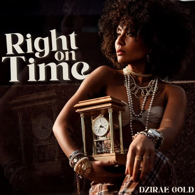 A woman holding a wooden clock with a white face and gold accents, wearing multiple layered pearl necklaces and bracelets, with a dark, elegant background and the text "Right on Time" in the upper left corner.