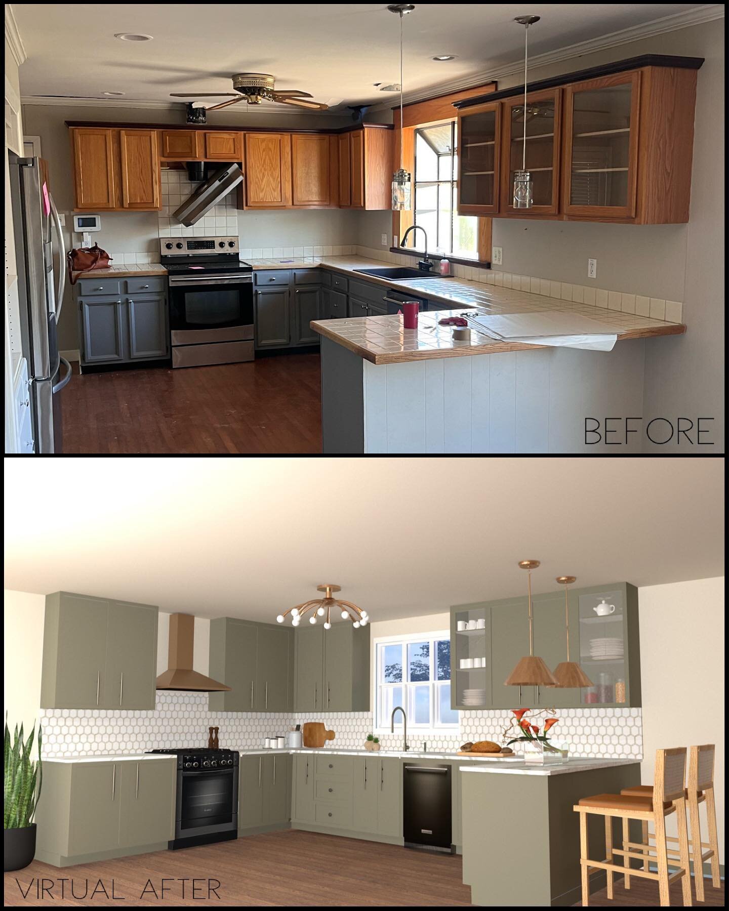 Virtual interior before and afters make me 😊😊😊 especially when they look this good! 
We&rsquo;re loving the combination of sage green cabinetry with brass fixtures and bronze hardware. This brass range just pulls it all together 🤌🏼
Beautiful com