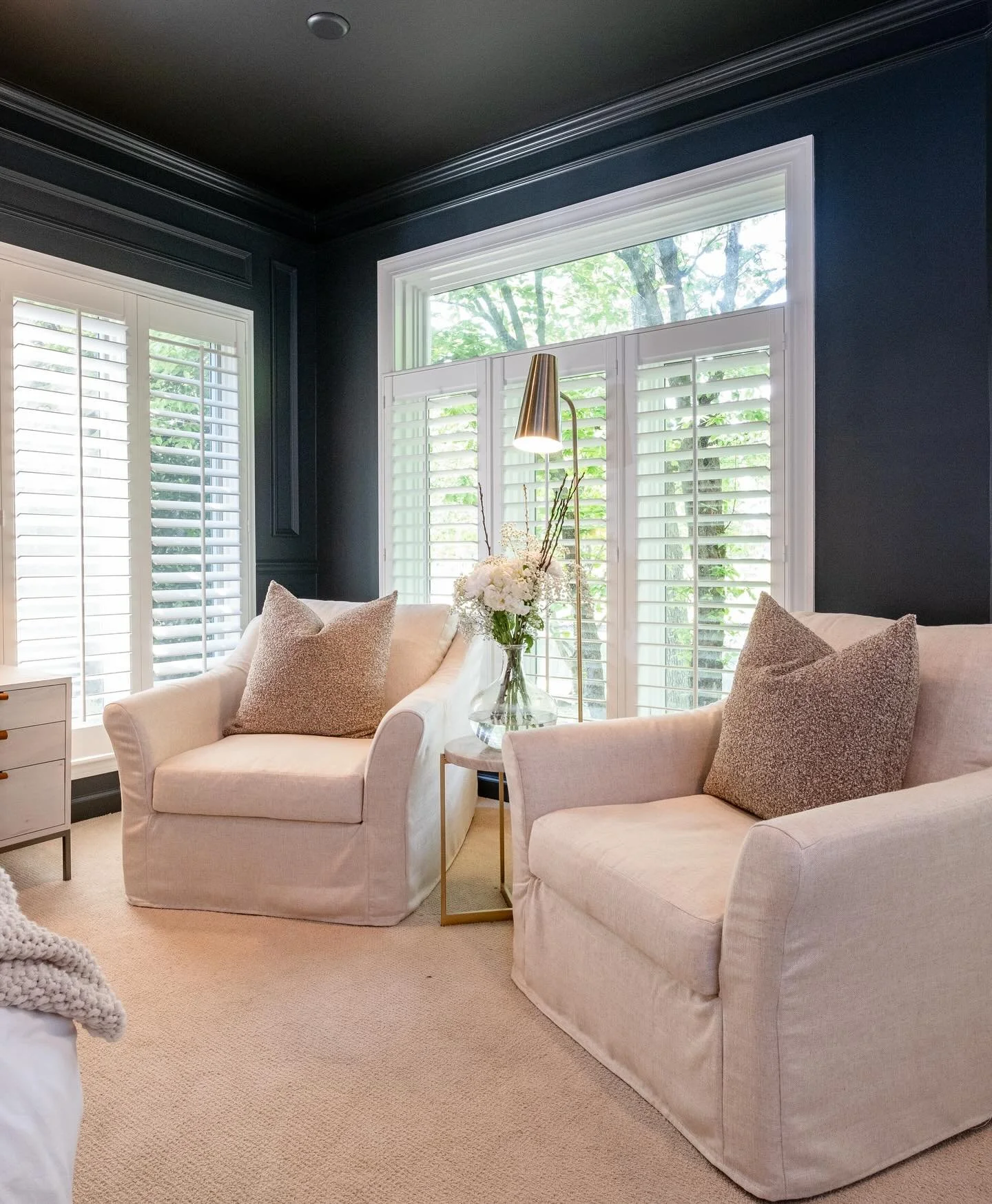 Builder blue walls and dated finishes were replaced with rich, dramatic tones, layered textures, and a cozy, elevated vibe. Now this space feels like a true moody retreat&mdash;warm, inviting, and full of personality. ✨