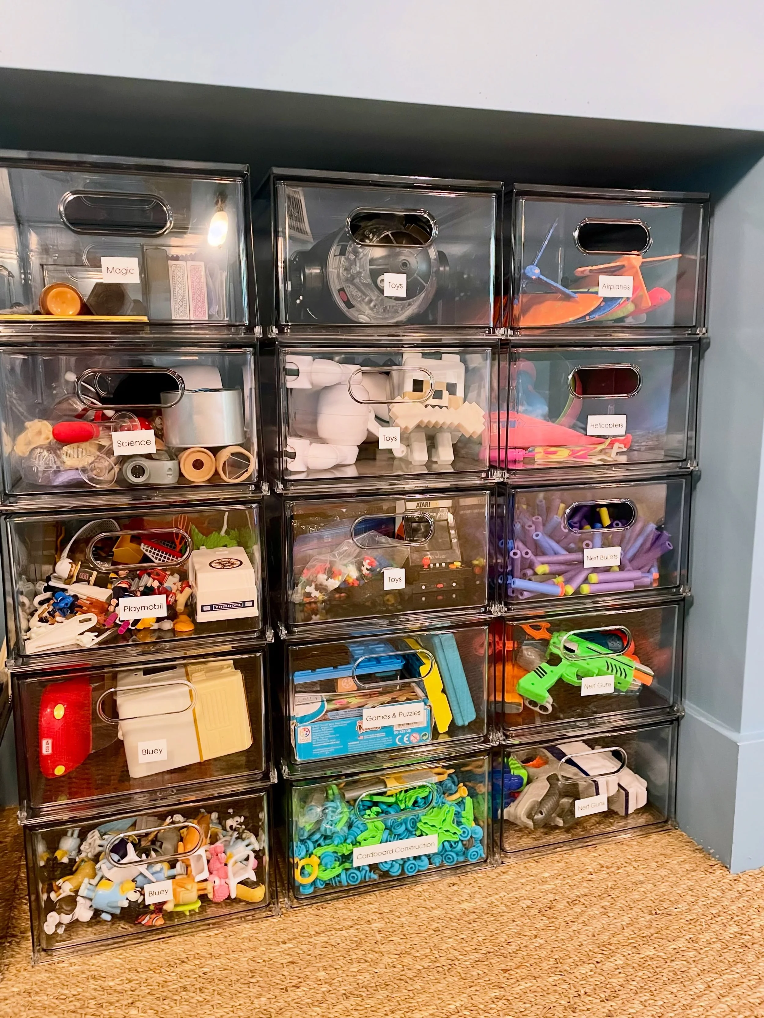 When it comes to kids toys, we are always looking for easy to maintain solutions! We love these clear drawers because they allow kids to see (and play with!) all their toys 🚂

The drawers are stackable and interchangeable, and come with interior dra