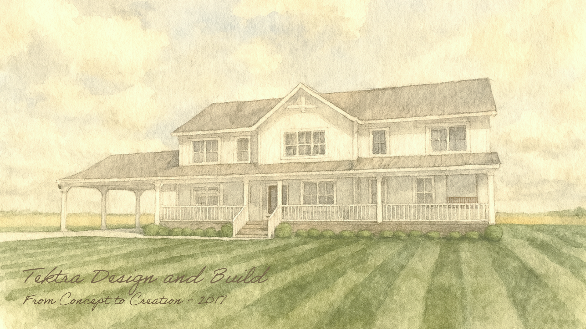 Watercolor illustration of a large two-story house with a wraparound porch, surrounded by a grassy yard.