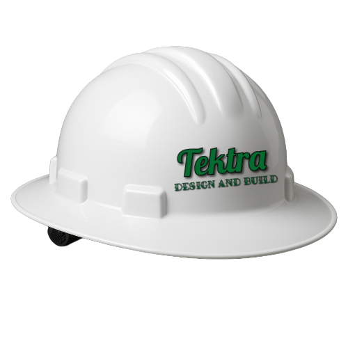 White construction hard hat with the green logo 'Tektra Design and Build' on the front.
