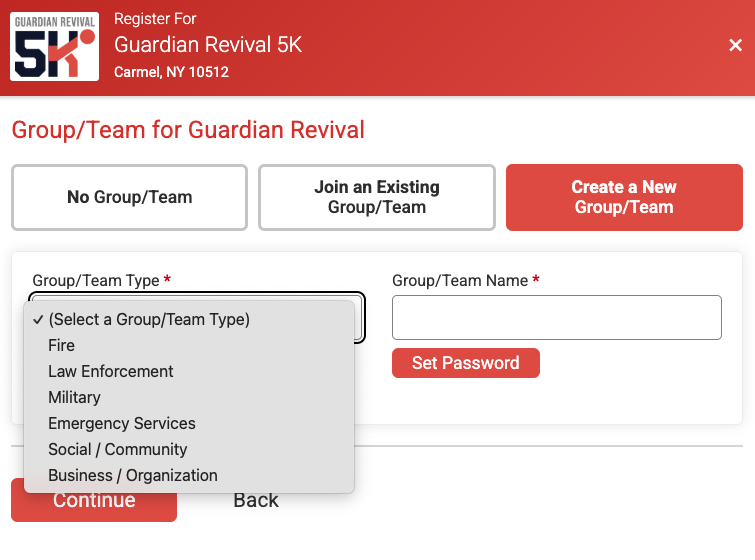 Create a new team during registration