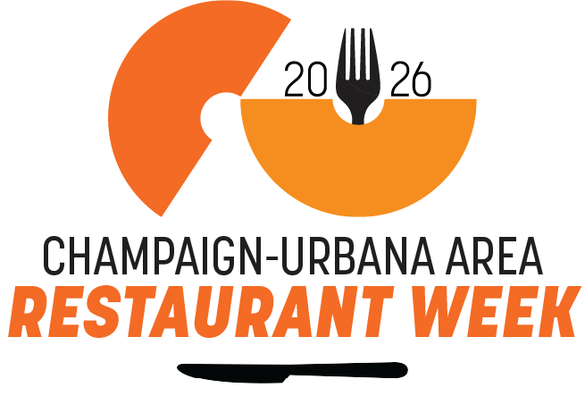 Logo for Champagne-Urbana Area Restaurant Week featuring a stylized orange plate, a black fork, and bold text.