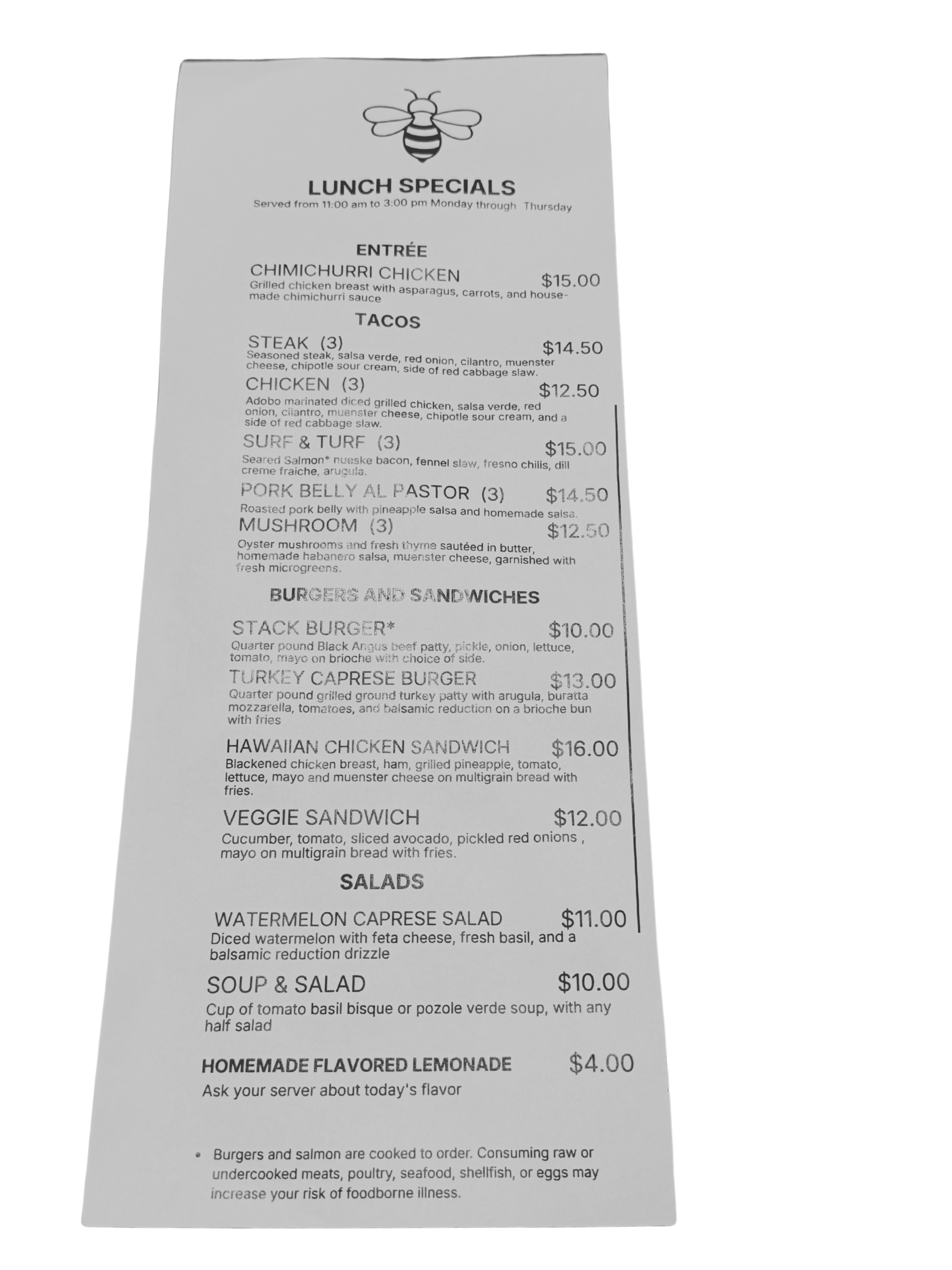 The Big Grove Tavern weekday lunch menu with prices