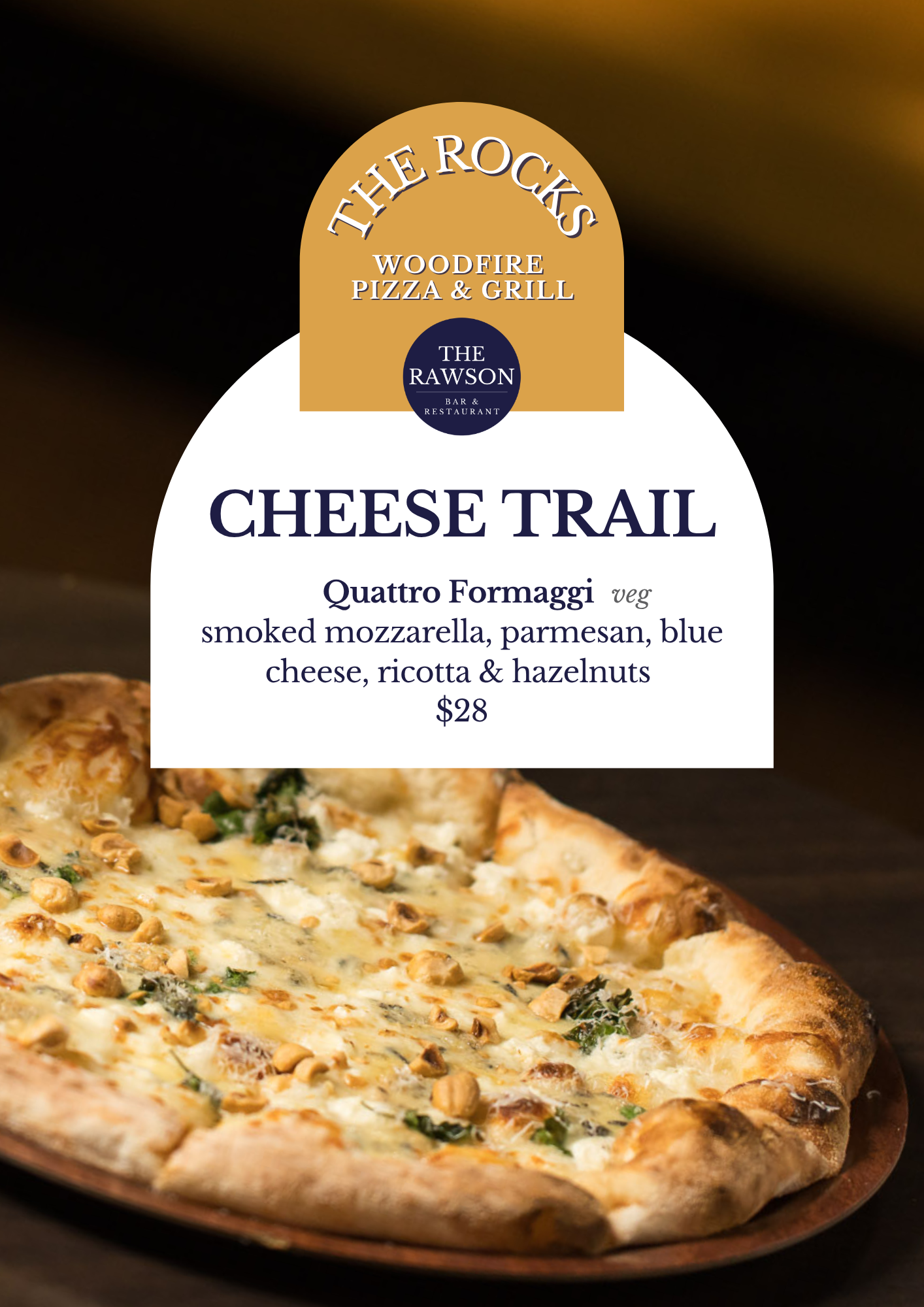 A menu featuring a cheese flatbread with melted cheese, nuts, and herbs, priced at $28, from The Rocks Woodfire Pizza & Grill.
