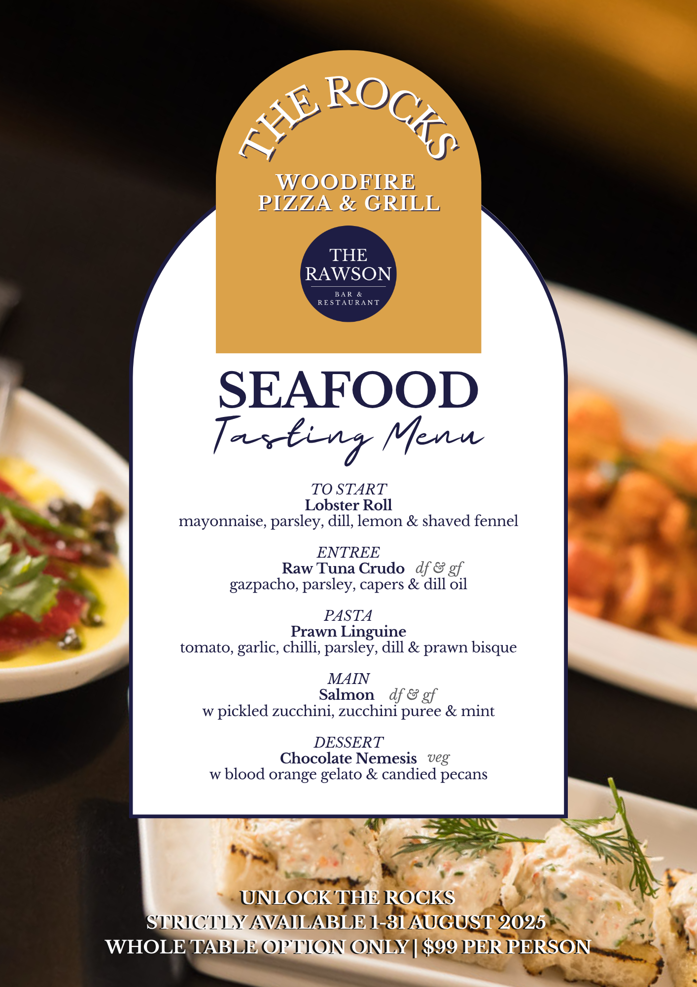 Seafood tasting menu from The Rocks Woodfire Pizza and Grill at The Rawson Bar & Restaurant, featuring lobster roll, raw tuna crudo, prawn linguine, salmon, and chocolate nemesis dessert.