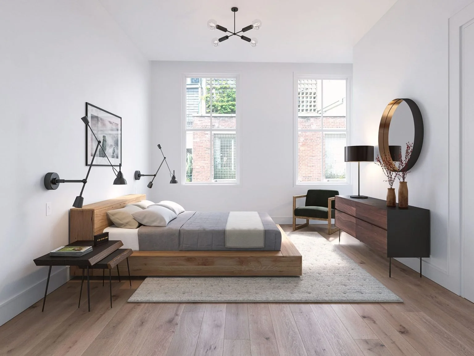 Modern bedroom with wooden bed frame, gray bedding, black and wood bedside table, black armchair, dresser with round mirror, black lamps, and large windows in a bright, minimalistic style.