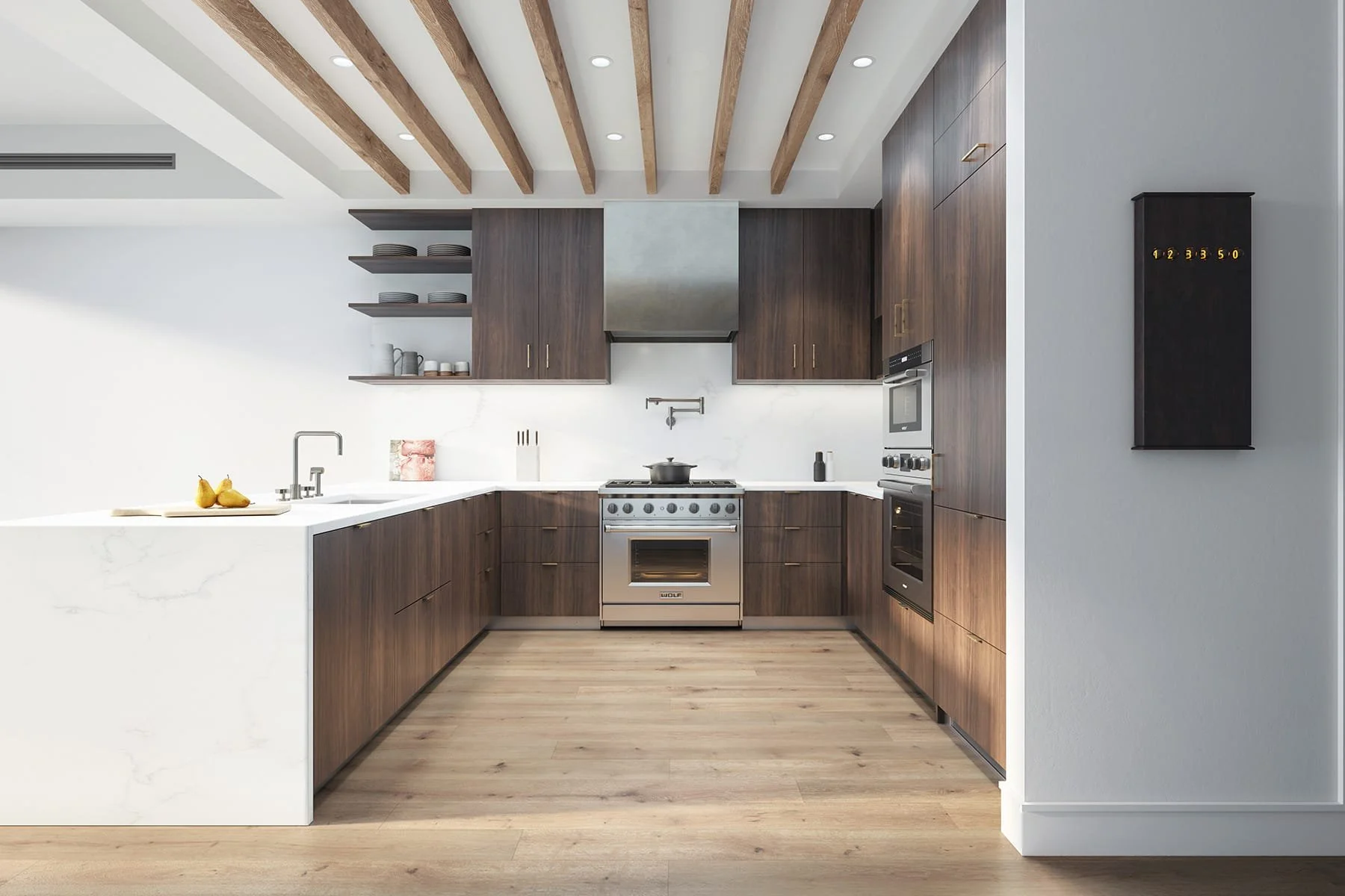 Modern kitchen with dark wood cabinets, white marble countertops, and a stainless steel stove, with open shelves and wooden ceiling beams.