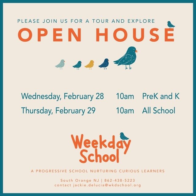 Weekday School is excited to welcome prospective families to our open house events this week. Come by, meet our Head of School, Samantha Grab and see all that Weekday has to offer.

Click the link to register: https://forms.gle/6Auij7pTv2pCr21A9

#so