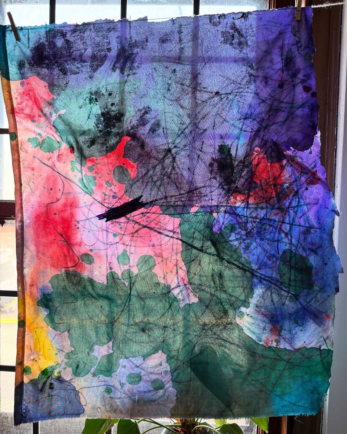 Tempera on cardboard, liquid watercolor on bubble wrap, acrylic on Styrofoam&mdash;even full-body swaths of paint. Every surface shifts how the color sits, bleeds, or pops. Oil-and-wax resist draws sharp lines where pigment refuses to stick.

The mes