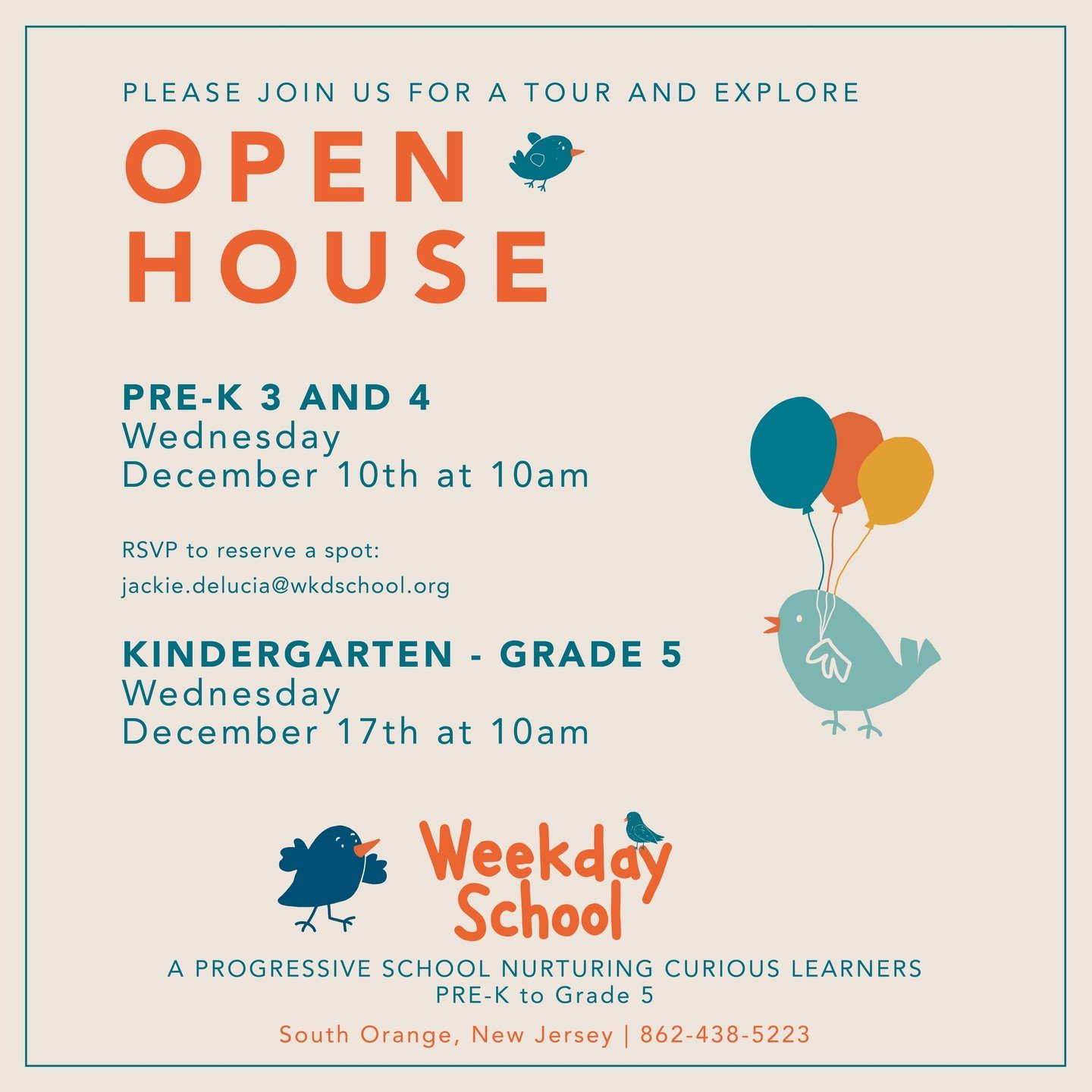 We're hosting our final Open House events of 2025, and we'd love to show you what all the excitement is about!

✨ Meet our Head of School, Samantha Grab 
✨ Tour our campus and classrooms while meeting our teachers
✨ Experience the Weekday difference 