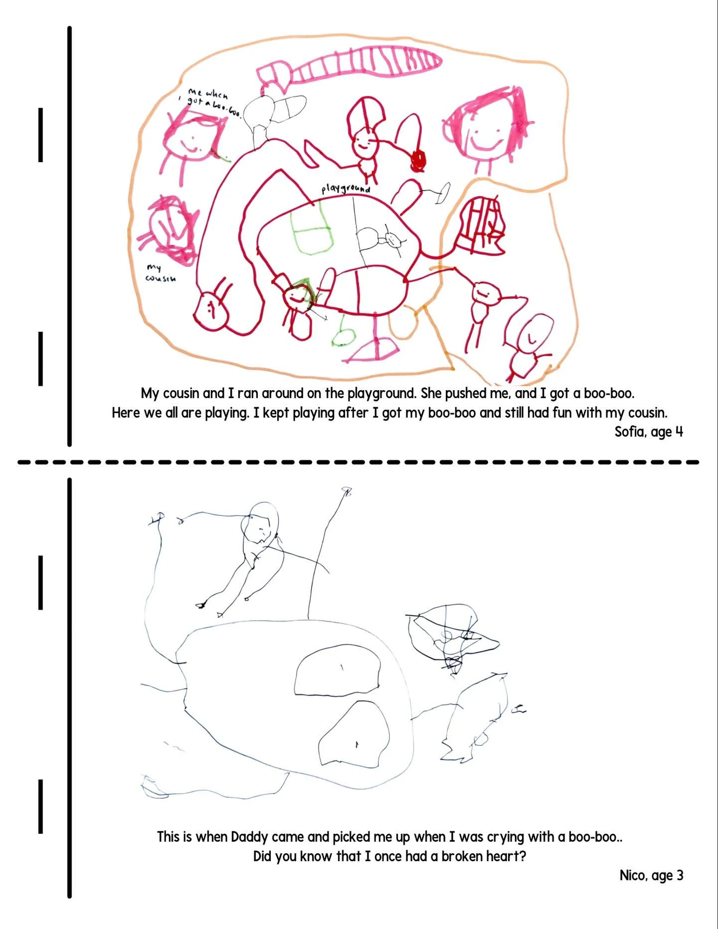 Sometimes our biggest stories start with a tiny boo-boo. 

Our 3&ndash;5 year olds drew and told &ldquo;boo-boo stories&rdquo; about scraped knees, surprise falls, and even &ldquo;my blood&rdquo; on a favorite stuffie. In their pictures, the hurt is 