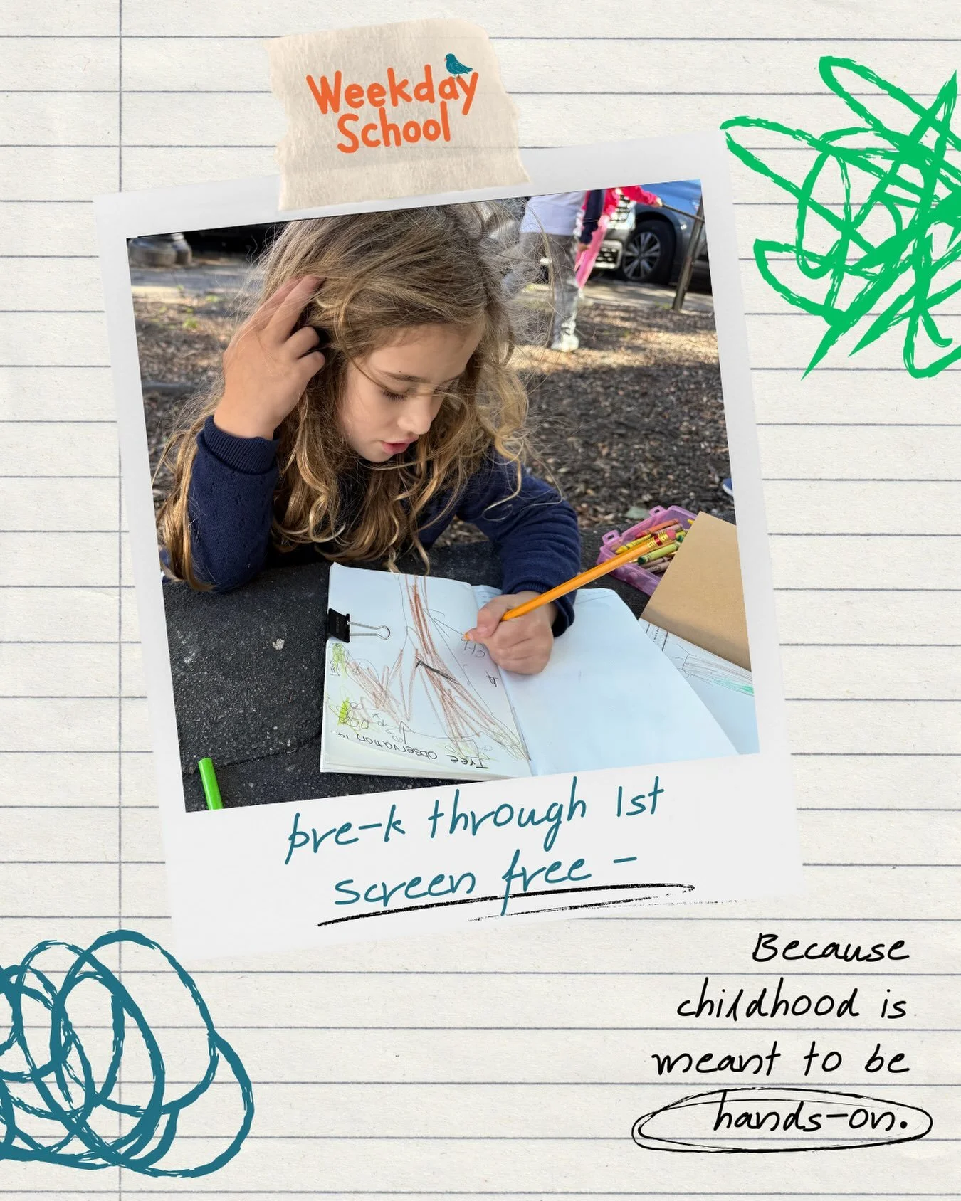 Little hands and growing minds need real materials, real movement, and real play. In our early childhood classrooms (pre-k, bridge, kindergarten and first grade) children build, draw, write, imagine, experiment, and learn together&mdash;screen-free.
