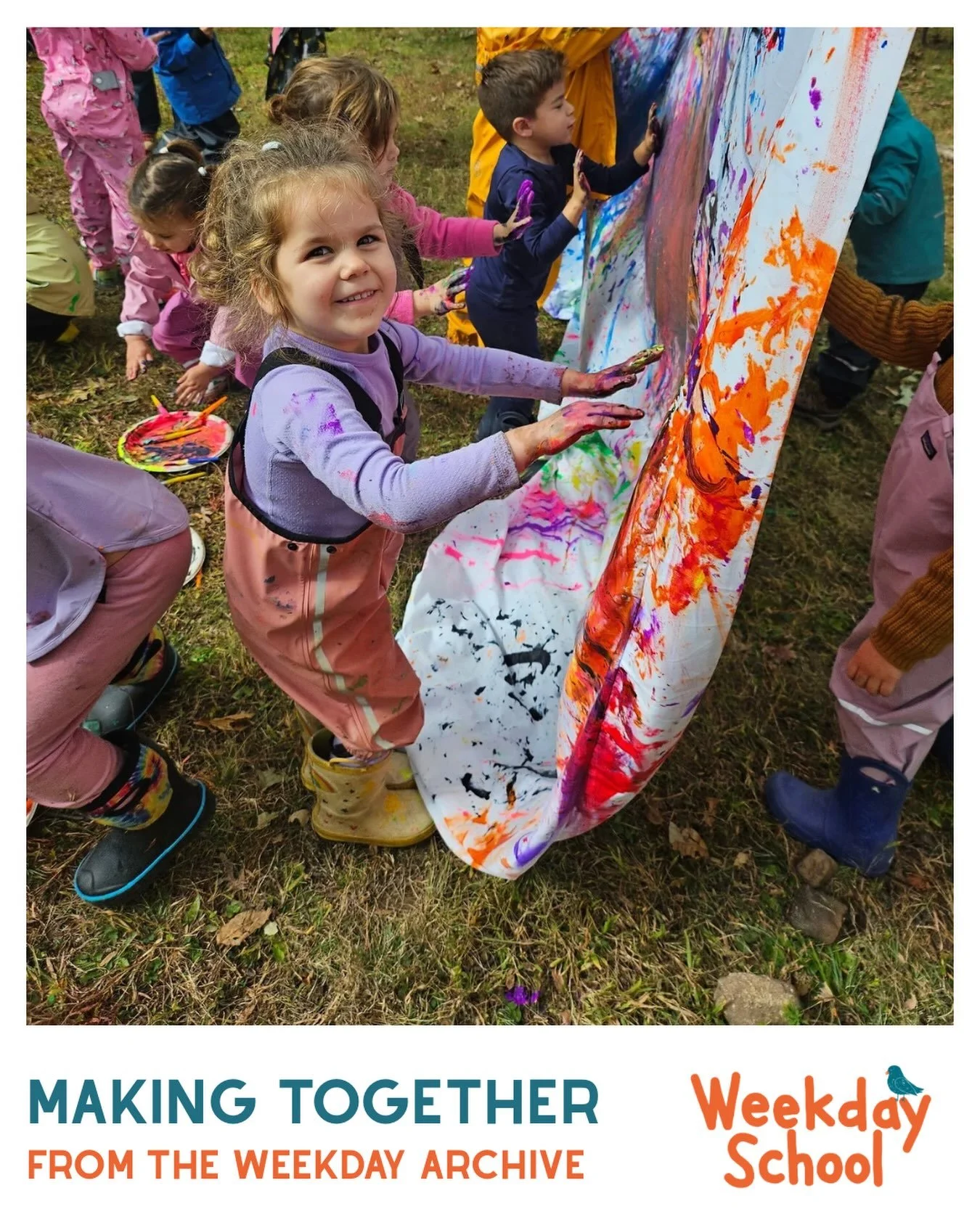 Sometimes a shared surface changes the work. Children watch one another, borrow ideas, make room, cover over, and begin again.

The finished painting matters, but so does everything that happens around it: experimentation, negotiation, movement, conn