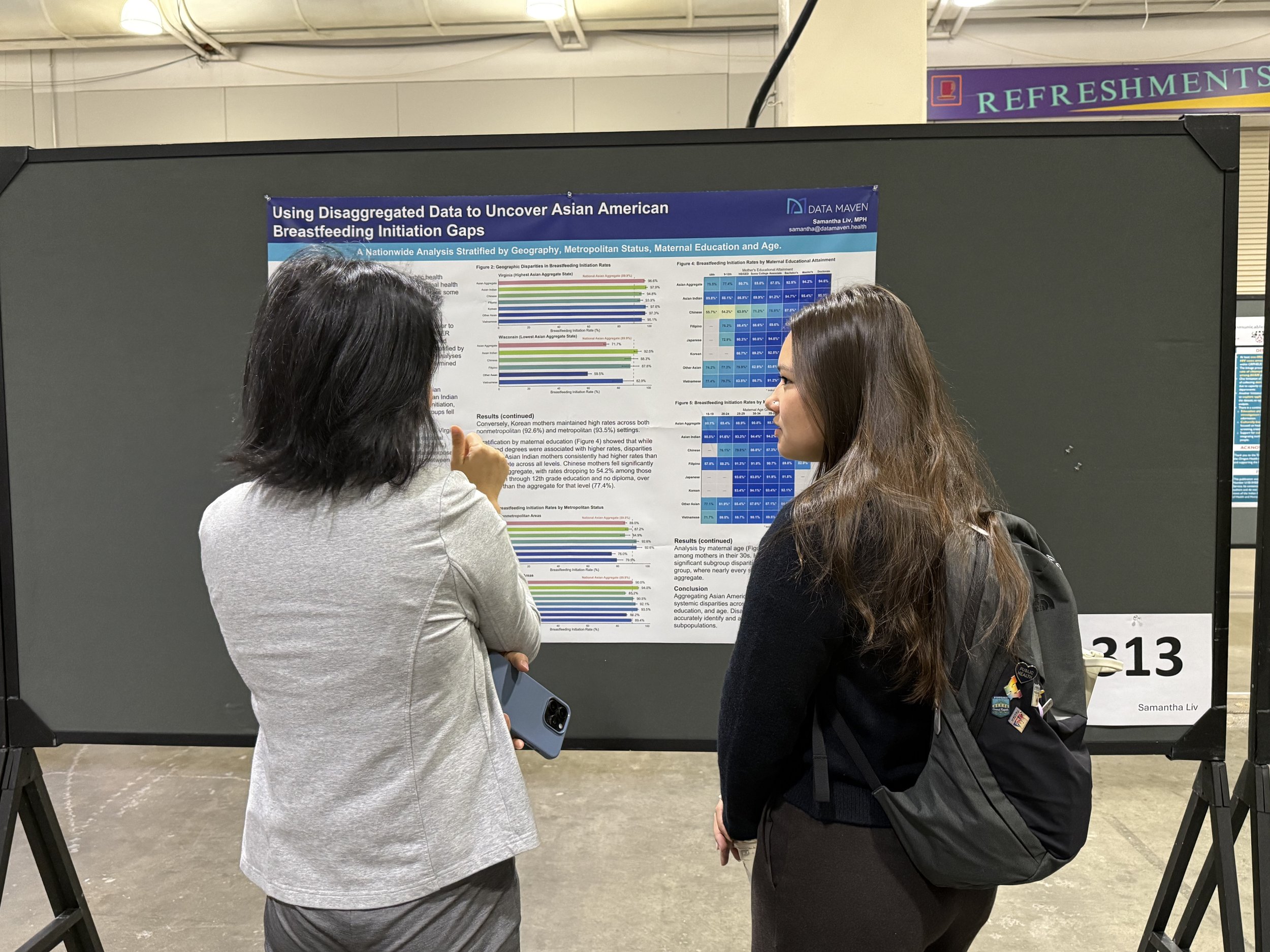 Two women mid-conversation in front of a poster titled Using Disaggregated Data to Uncover Asian American Breastfeeding Initiation Gaps.