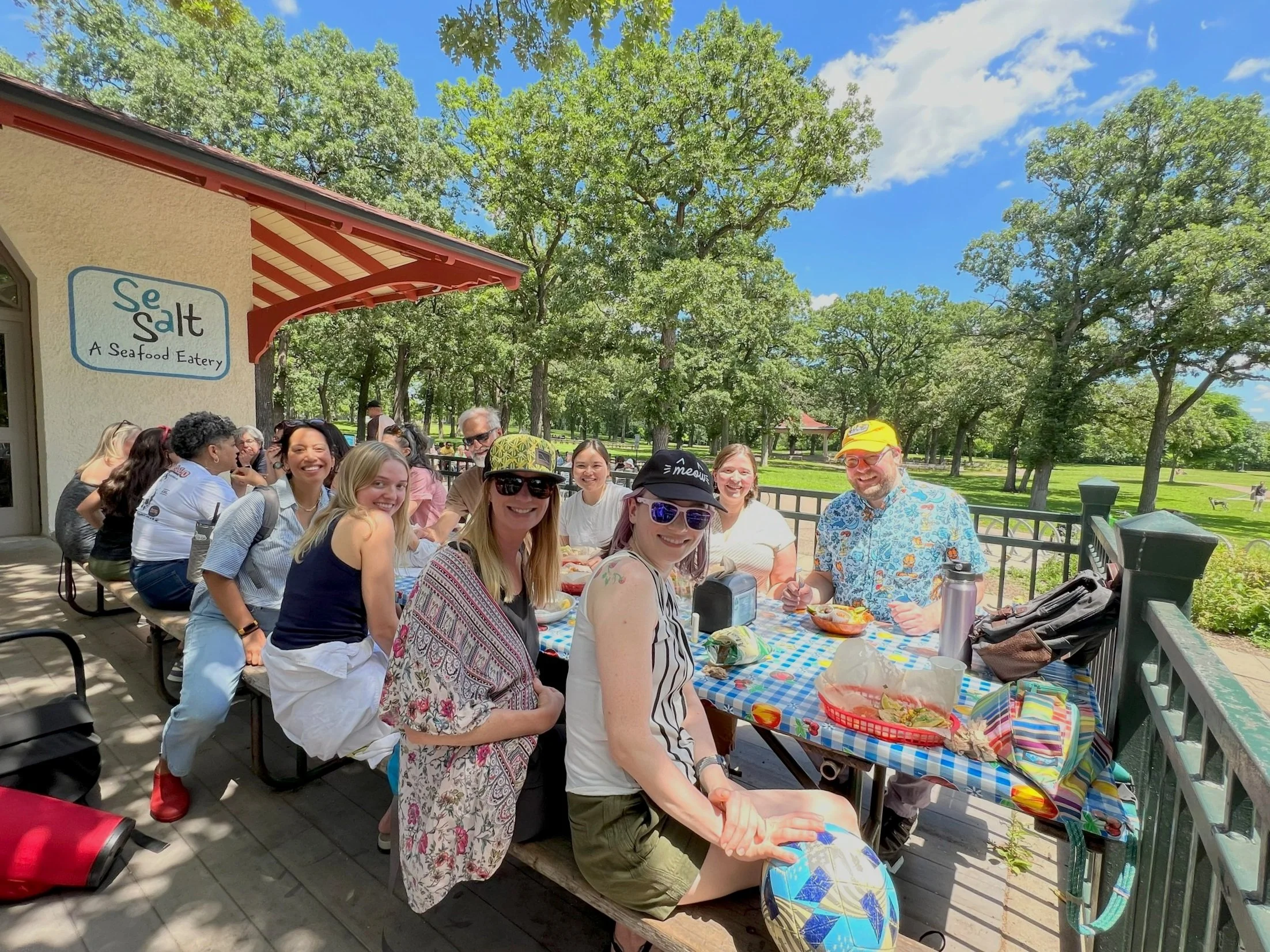 The team out to lunch on a sunny day.