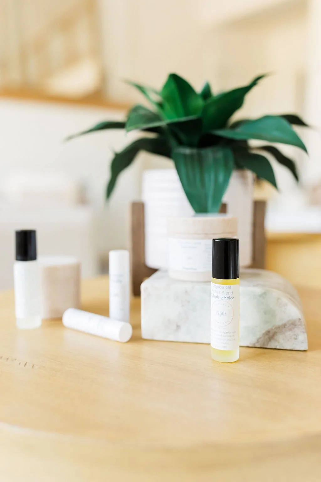 A wooden table with several Reflect Light Company products including Lip Balms, Jojoba Blends, and Body Butters, a potted green plant, and decorative stones.