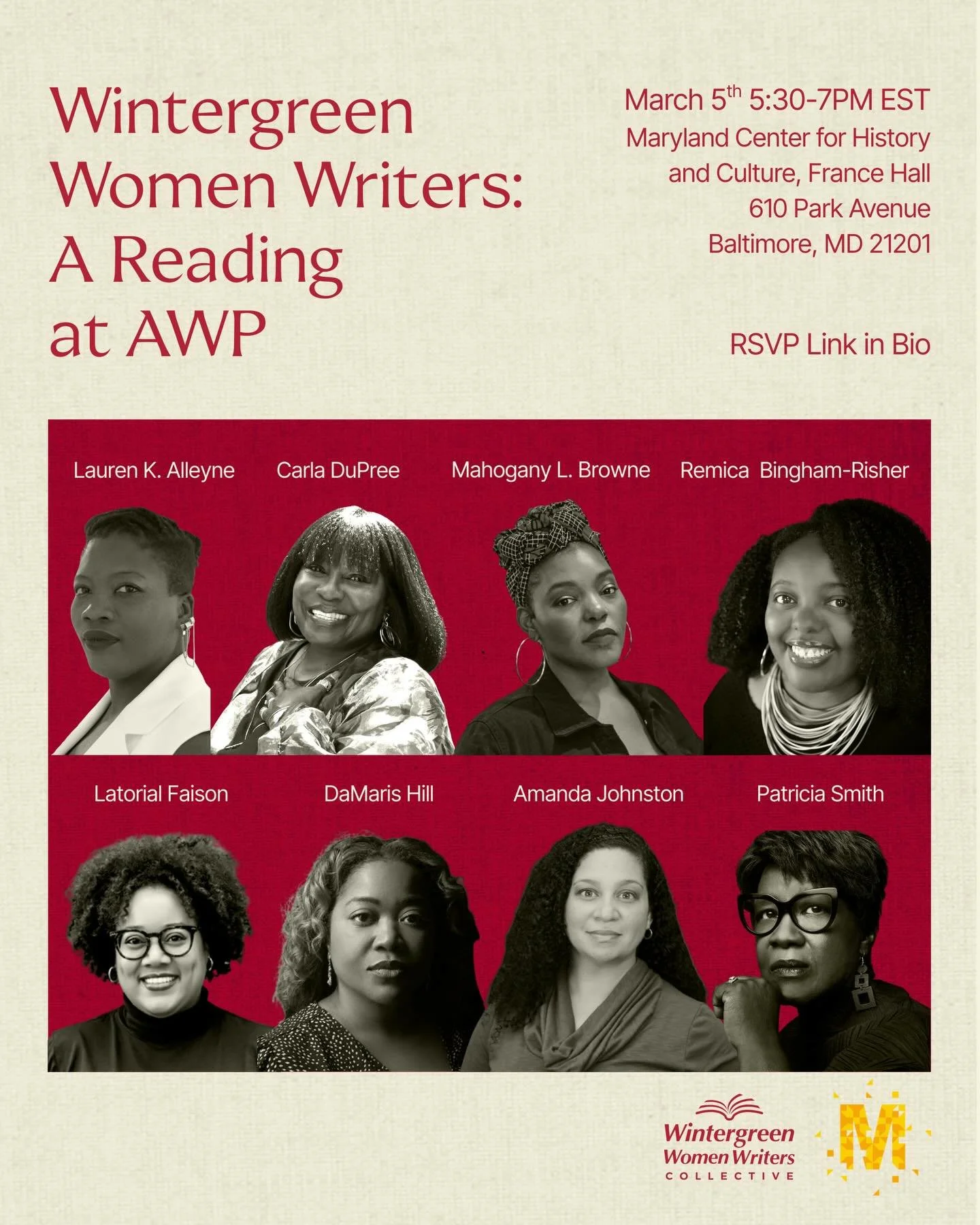 Join us for the inaugural &ldquo;Wintergreen Women Writers: A Reading&rdquo; at #AWP26 ! 
Featuring poetry and prose readings from Lauren K. Alleyne, Remica Bingham-Risher, Mahogany L. Browne, Carla DuPree, Latorial Faison, DaMaris Hill, Amanda Johns