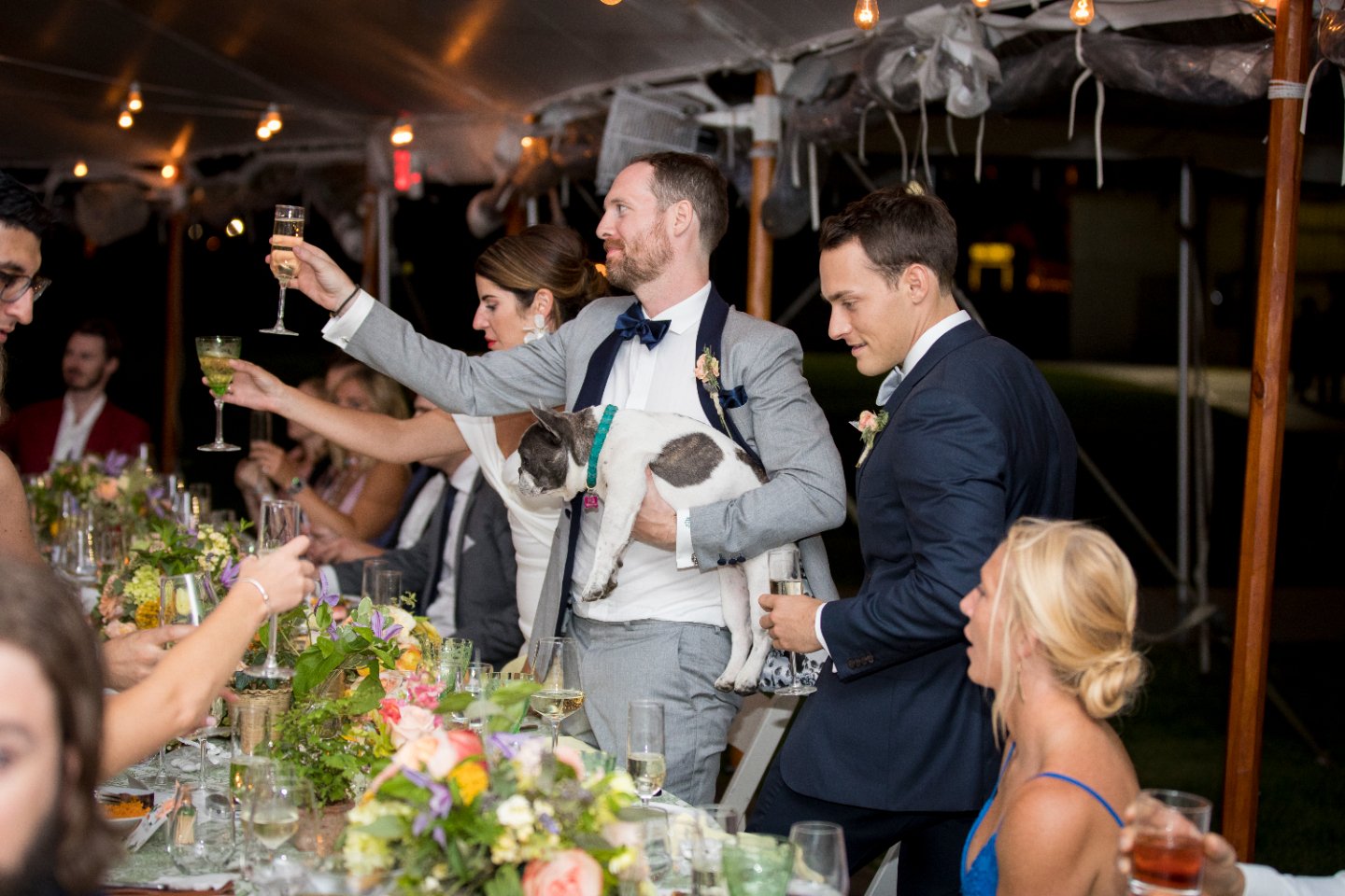 Toasts during reception with your pup in hand? Check! 
Laughter and champagne? Check! 
Am I a nerd for how I worded this? Check, check! 
Xoxo, 
Jules