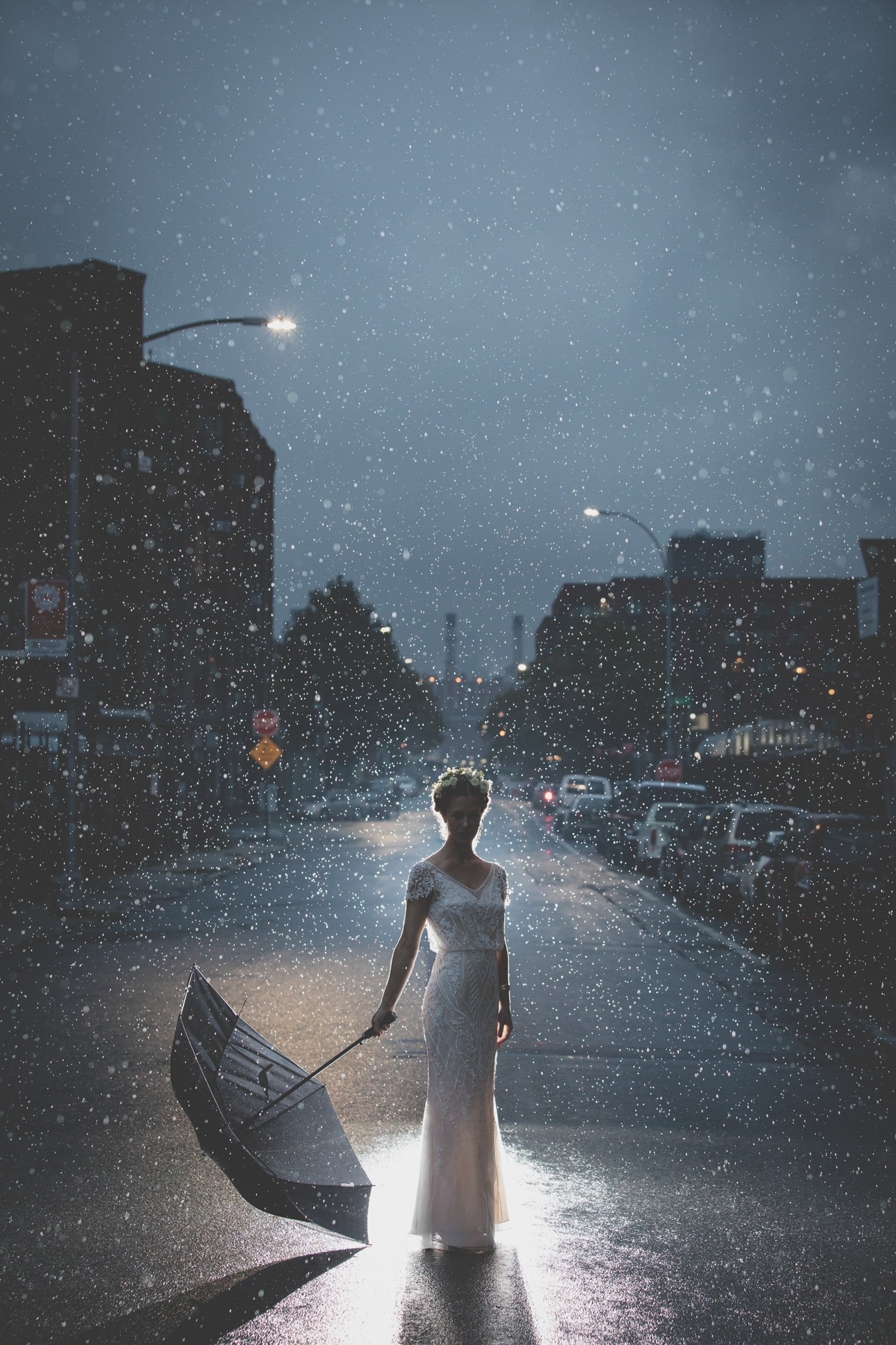 Rainy day wedding on the streets of Brooklyn, NY.