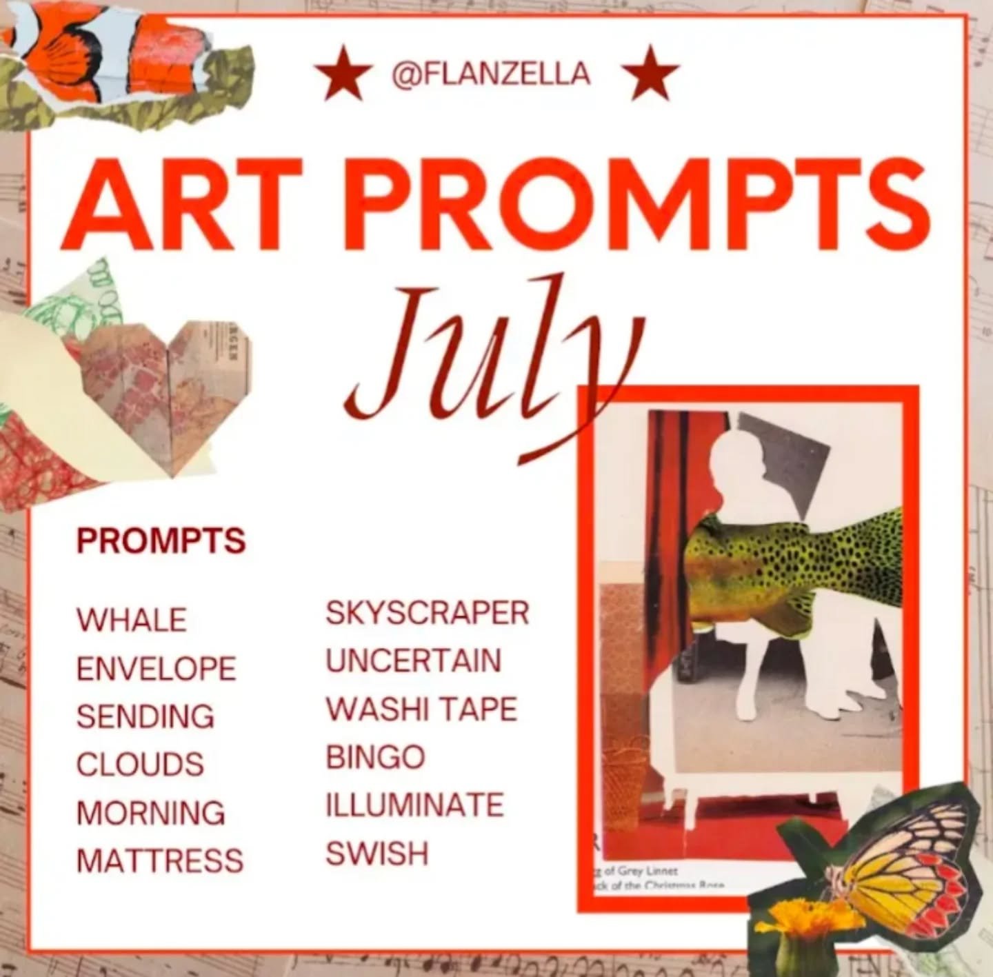 Happy July 🥳 here are the prompts for this month. I'm excited to see some amazing work inspired by these.