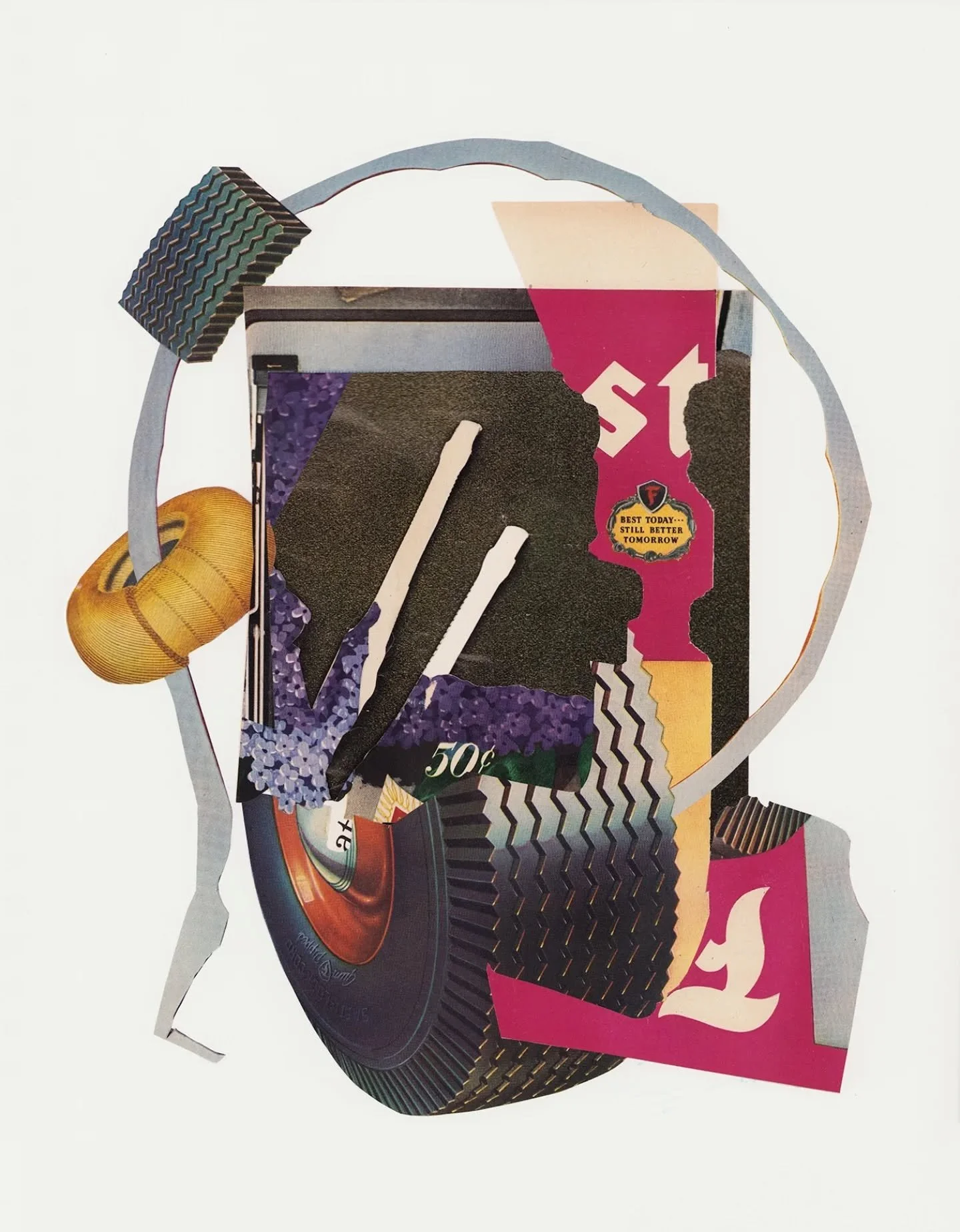 REMINDER: Your scrap pile can be a pile of treasure. I call this style "reductive collage". This one uses a tire ad, a small outline of an air balloon, and some florals. 😍