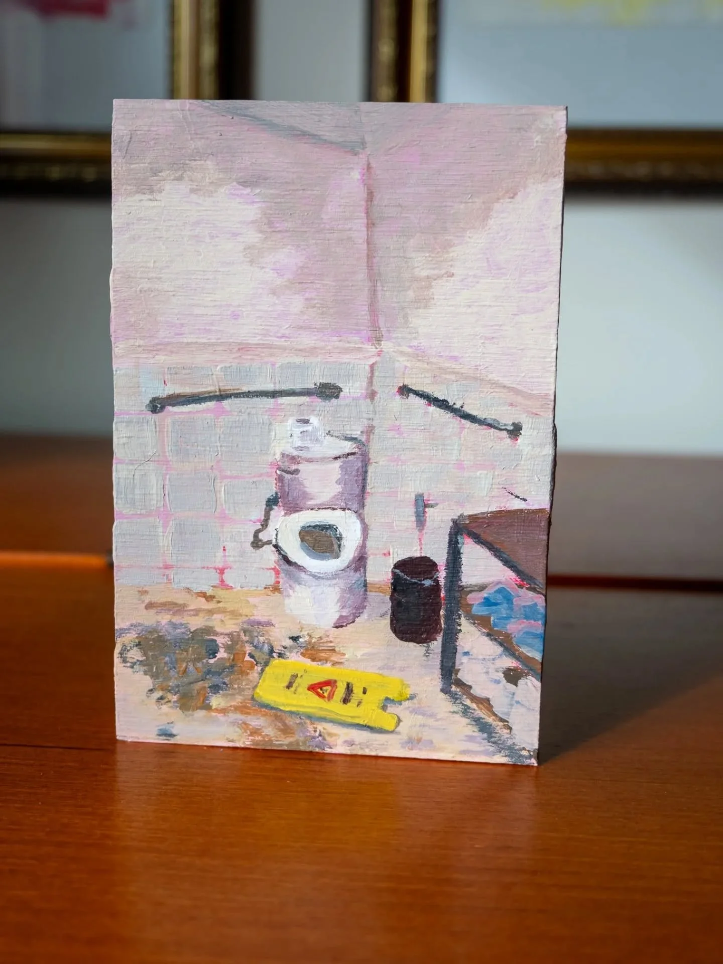 "Out of Order" 4x6" acrilic painting 🎨 
I took this photo in a bar's bathroom and knew I had to paint it. The only problem is I'm not very good at perspectives yet as you can see very obviously in the toilet. I thought it was a funny 