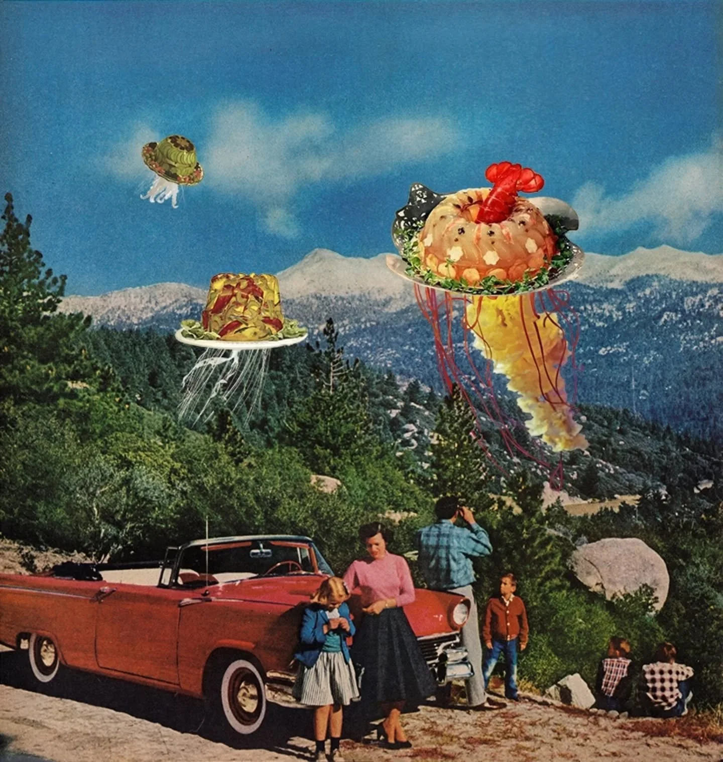 #februllage2026 PROMPT: JELLYFISH 🪼 

This one is half made digitally and half made with analog techniques. I couldn't find any jellyfish so I had to add them later. But I couldn't resist using the really disgusting vintage jelly platters. Lobster i