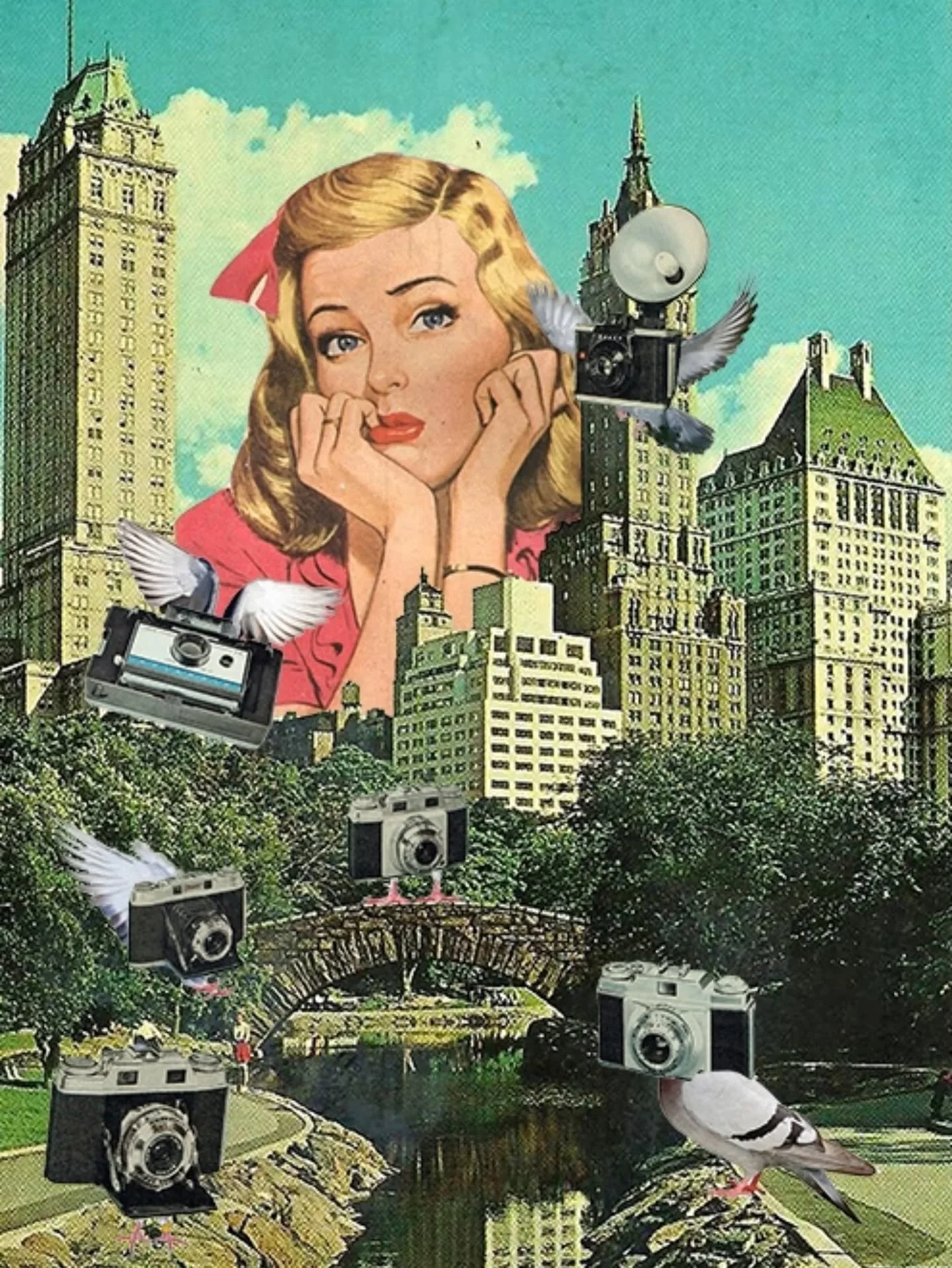 Surveillance City 🏙️ for the #februllage prompt: PIGEON 🐦 

I love the conspiracy theory that pigeons are spies. As soon as I saw the prompt I knew I needed to go in that direction. This artwork was made digitally due to my lack of wings (and time)