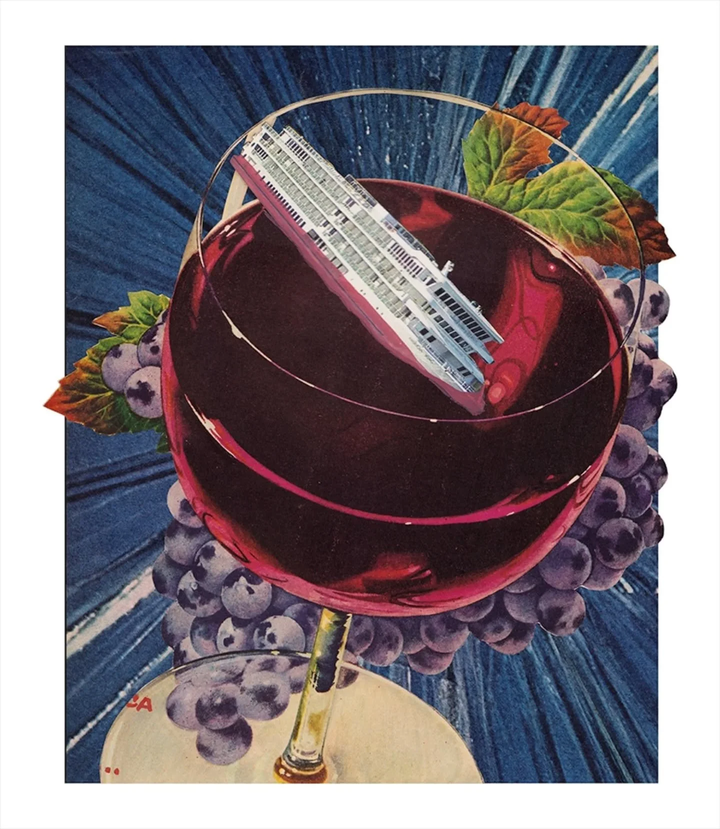 #februllage2026 prompt: TITANIC 🛳️🍷

I used a @arrtxart marker to make the ship look as though it was covered and sinking into the wine. This is my first time experimenting with markers on collage papers and I really liked it!