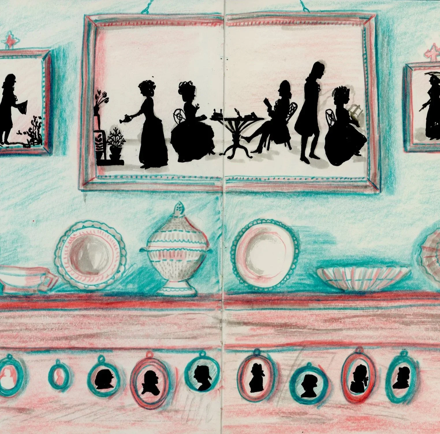 An illustration of a mantle with victorian portaits. The mantle features porcelain containers, a painting above on a turquoise wall. The palette is rose and turquoise.