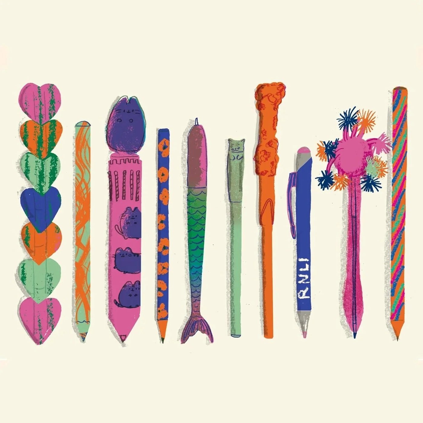 An illustration with fine linework and textured strokes, featuring a collection of fun, quirky, original pens in a line and evenly spaced.