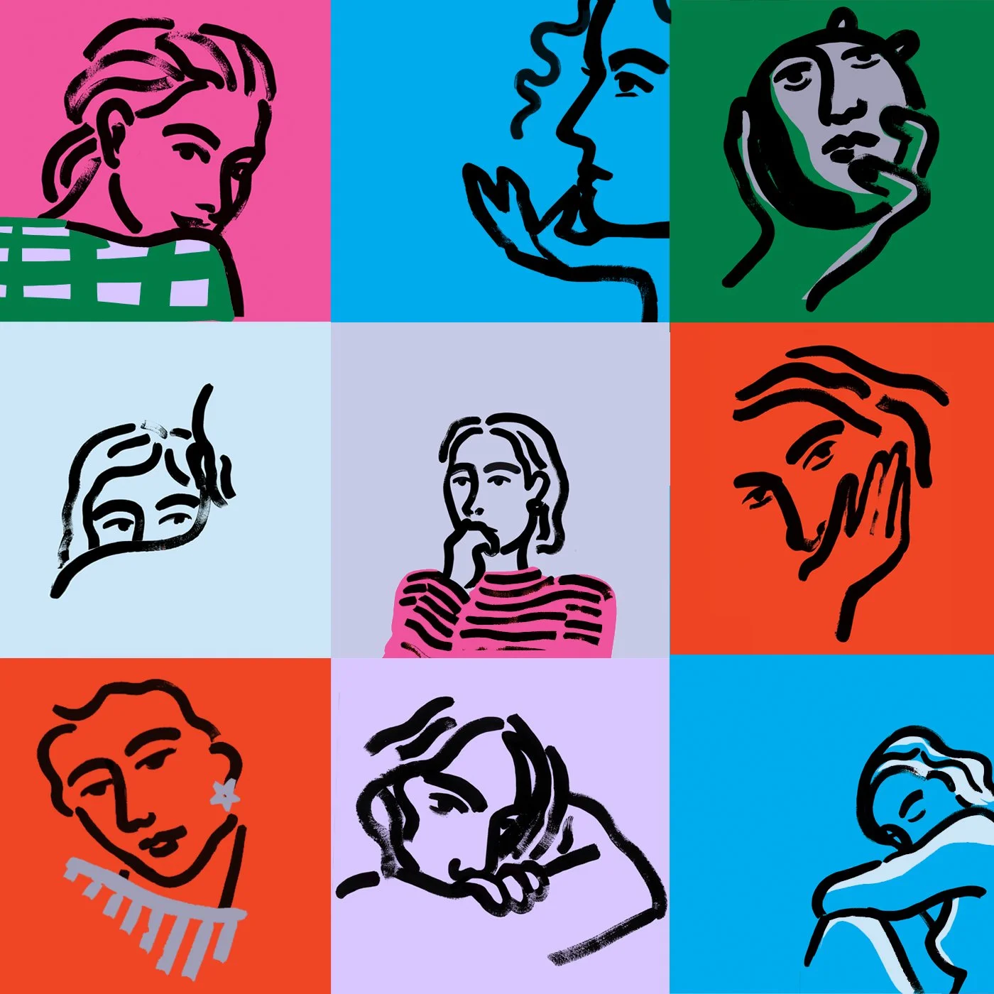 Book cover on a yellow background featuring an outline of four squares containing fragments of a line drawing within them. The line drawing is of a mother and child. The title is on top in a chunky serif font. The palette is cream, black and magenta.