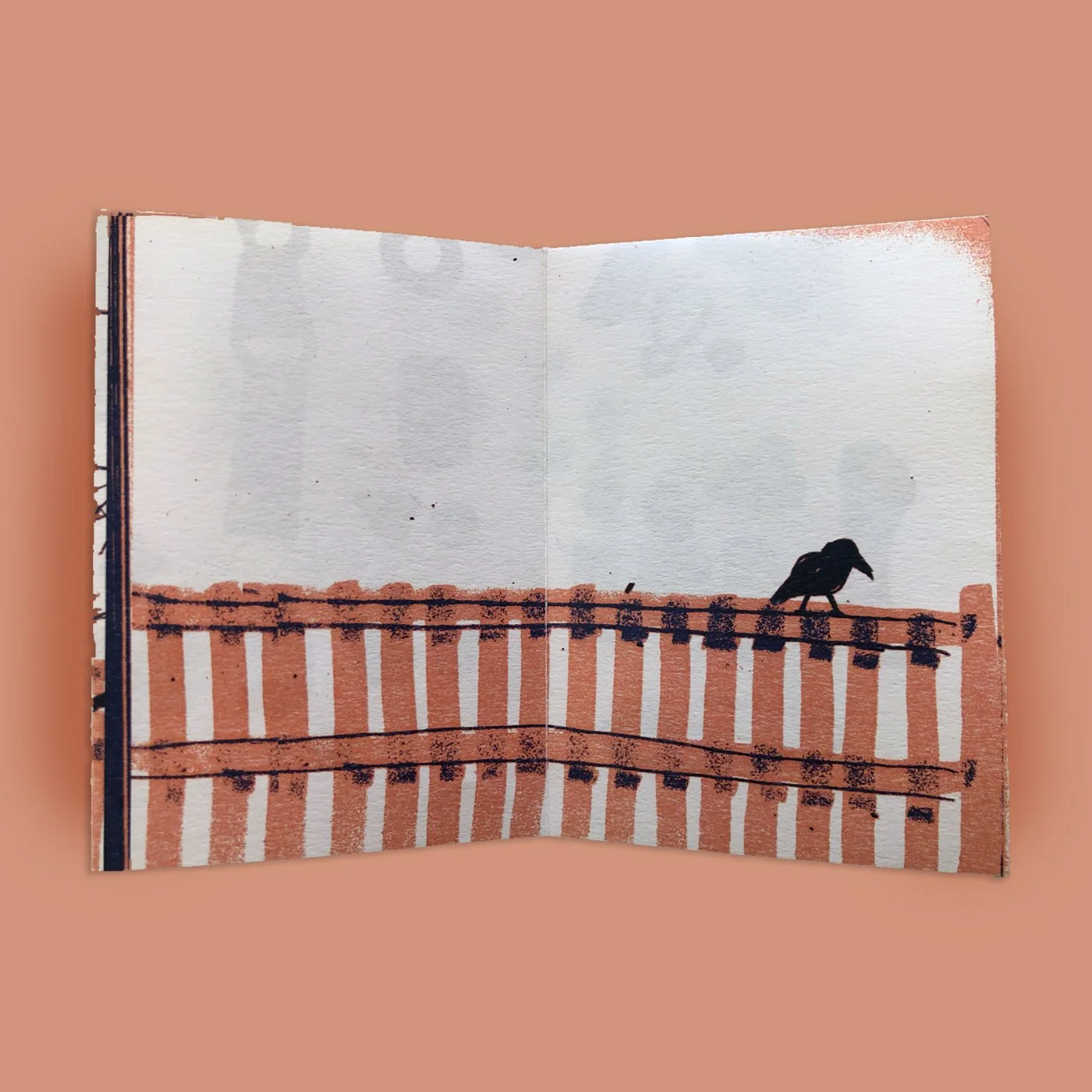 An illustration of a crow using black ink and burnt orange brush strokes