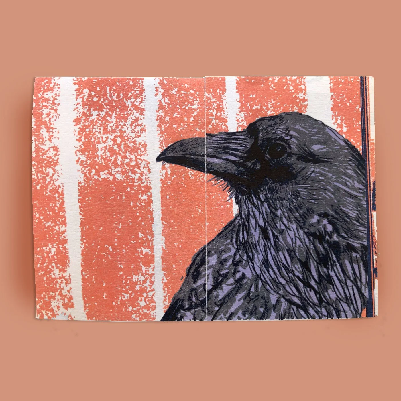 An illustration of a crow using black ink and burnt orange brush strokes