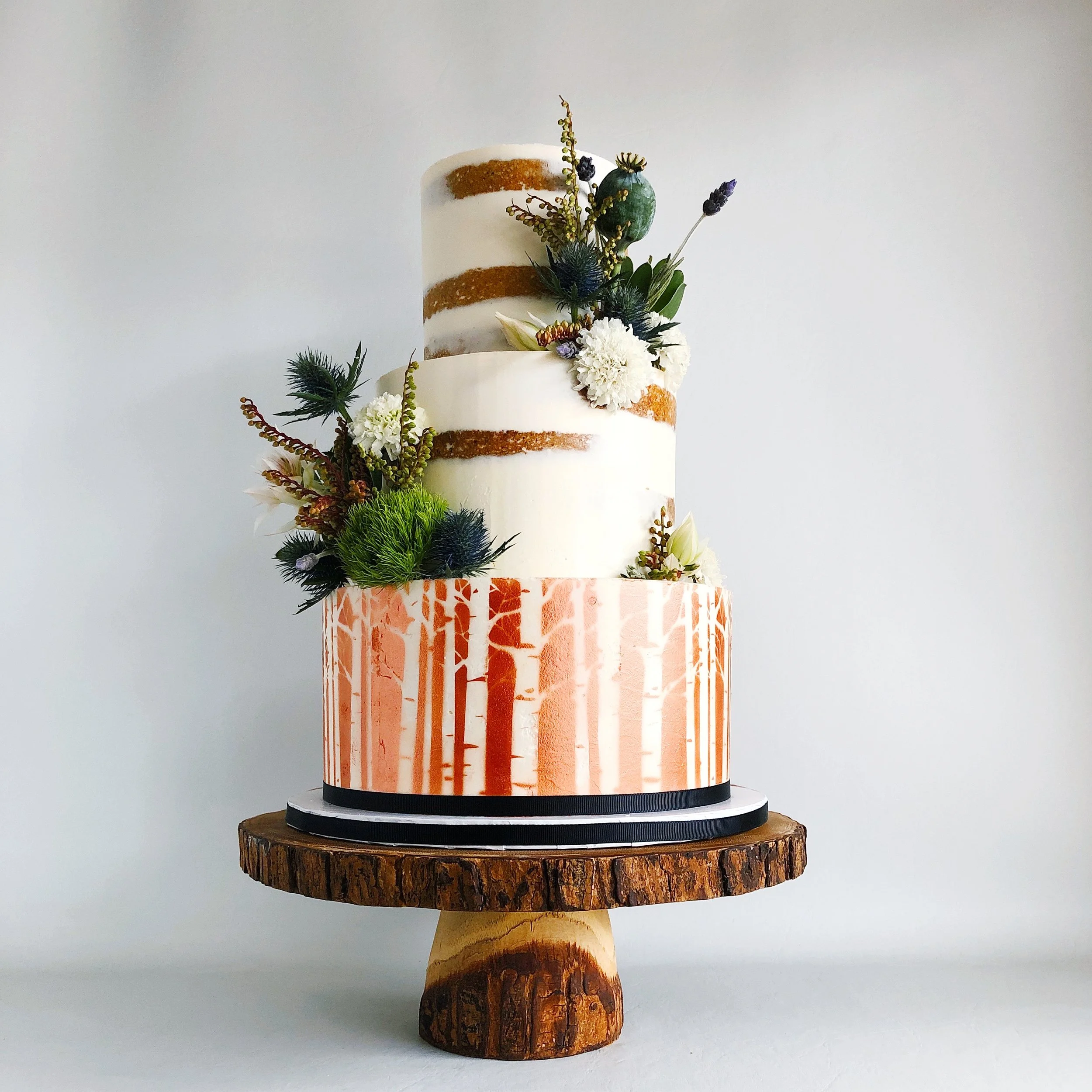 Semi-naked design + airbrushed birch trees and fresh flowers