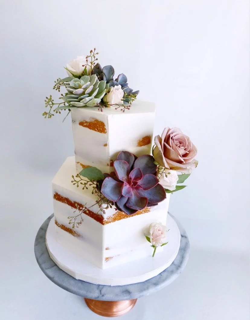 Hexagon cake - semi-naked design with fresh flowers and succulents 