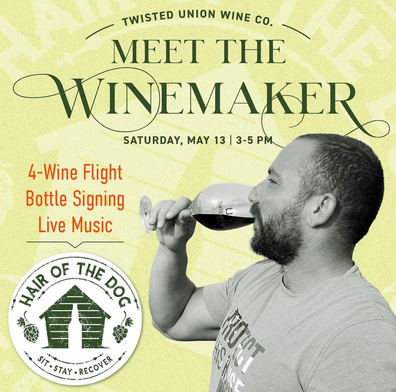 Meet the winemaker! @twistedunionwinecompany winemaker will be in the house discussing wine and signing bottles at 3pm today. 

It&rsquo;s a fun-filled Saturday!
3-5pm Wine Tasting 🍷 
3-5pm Campfire Rock 🎤 with Douglas Anthony 
5-8pm @chzstkjointaz