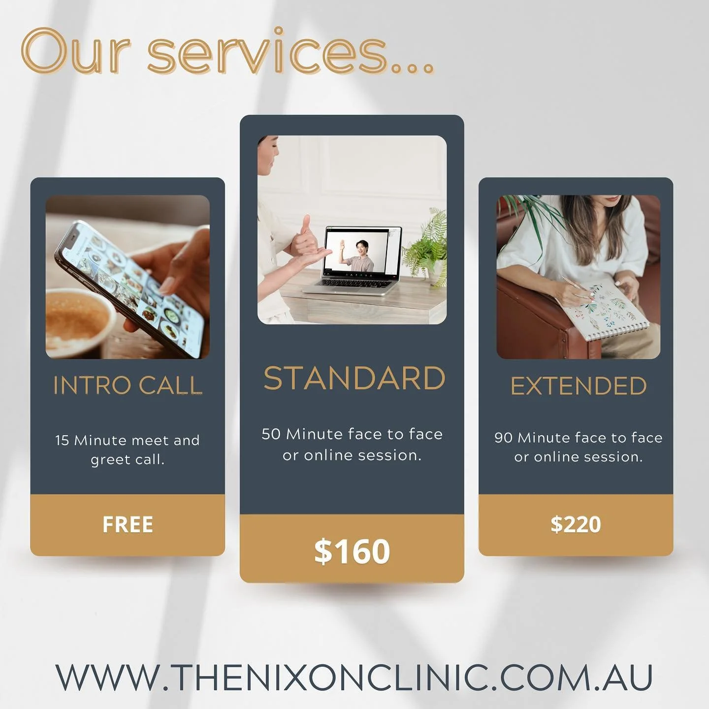 | SERVICES SNAPSHOT | 

Have you been putting off taking that first step in seeking help? We are now open to new client appointments with the first step being a free 15 min introduction call. 

No pressure, no obligation. Just 15 minutes over the pho