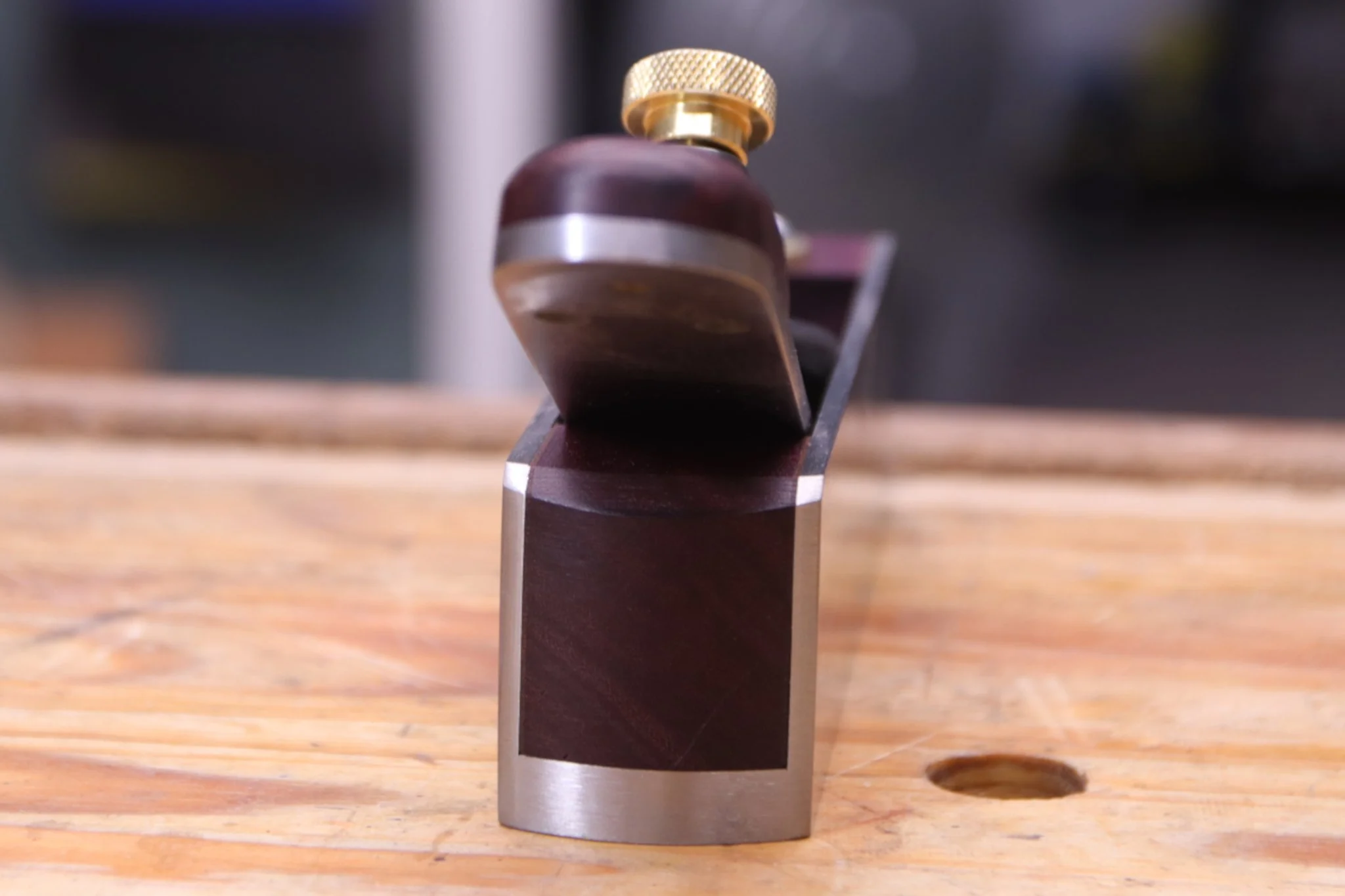 Rear of a miter plane showing the purple heart heal.