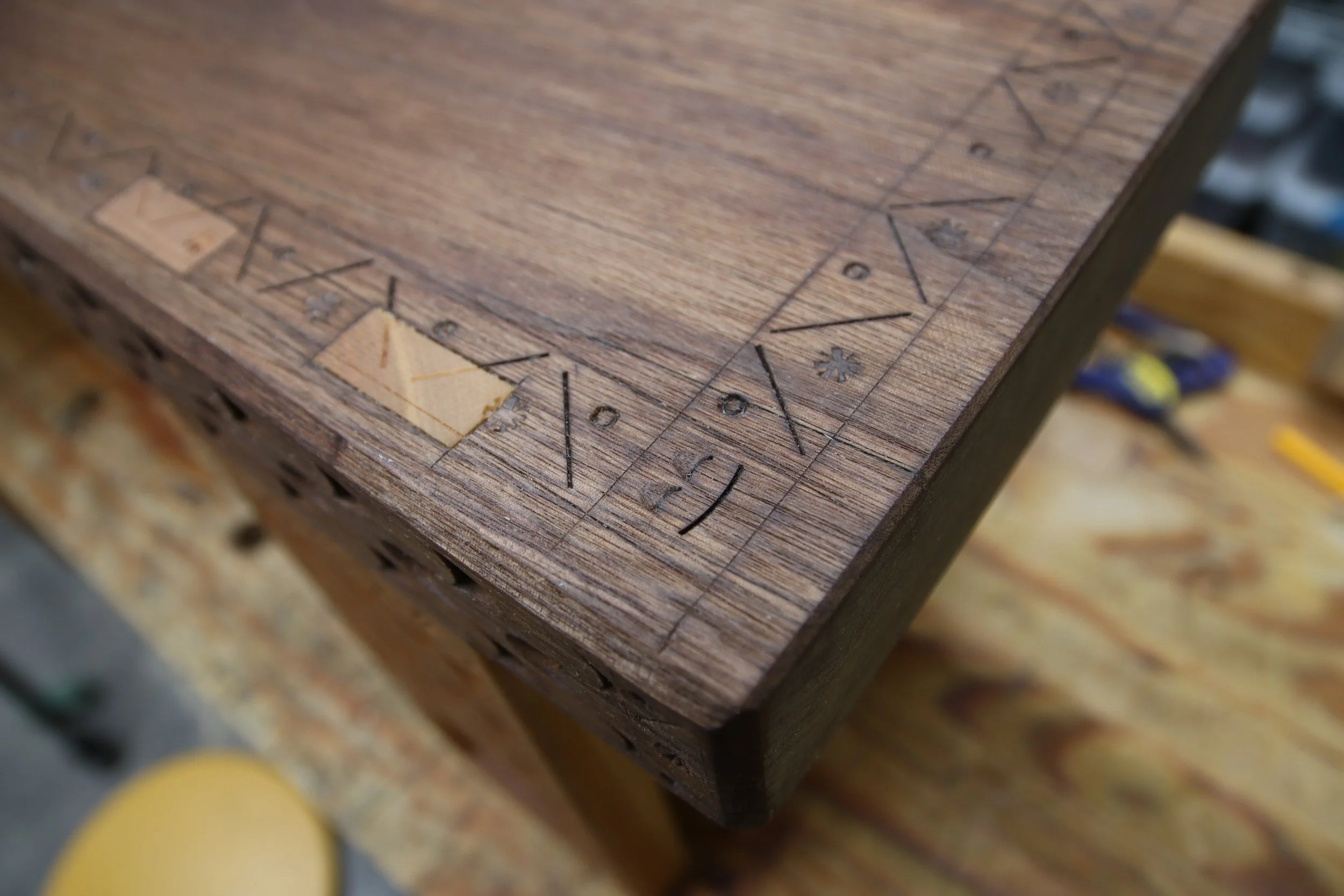 Close-up of carvings on a hi-vise