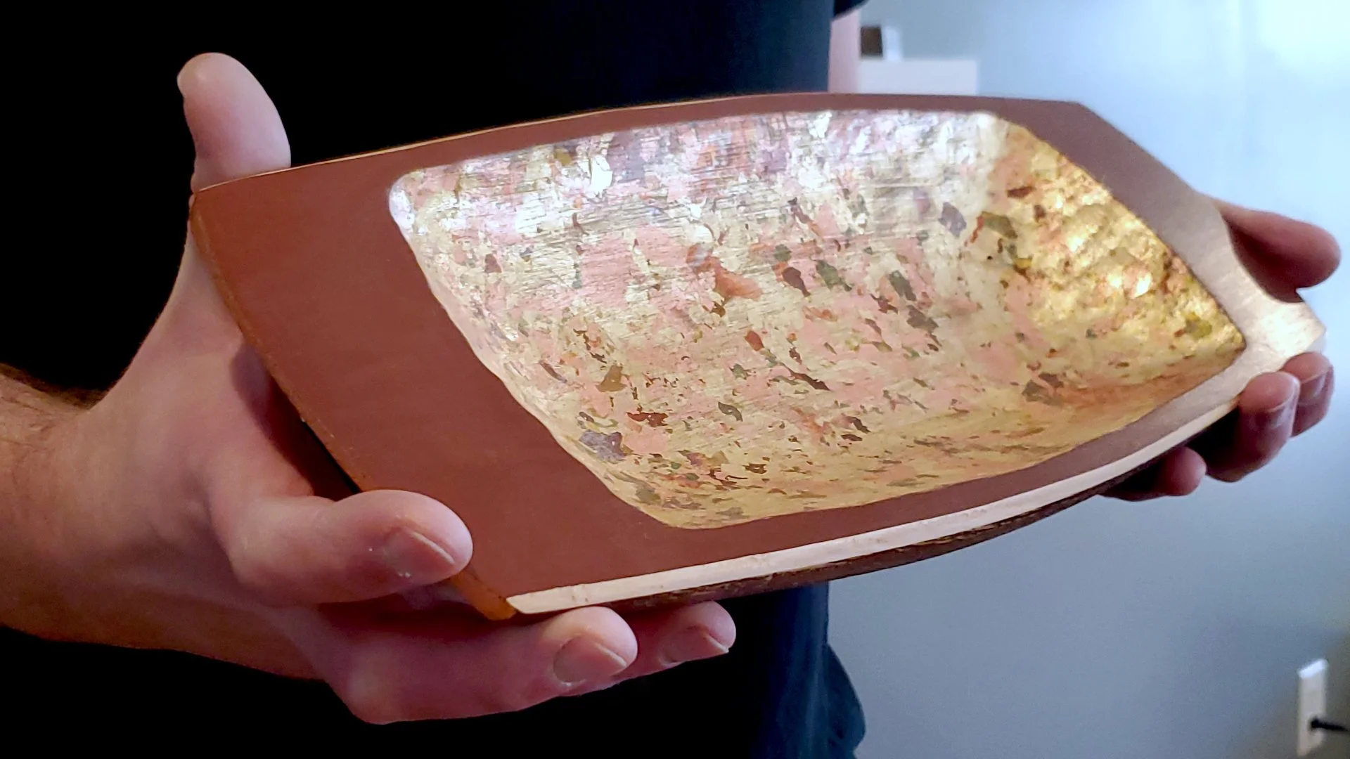 Carved cypress bowl with metal flake and barn red milk paint