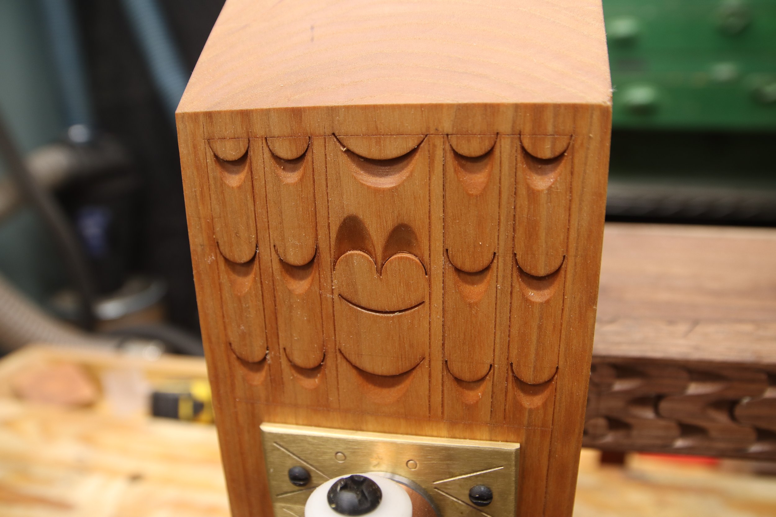 Close-up of carvings on a hi-vise