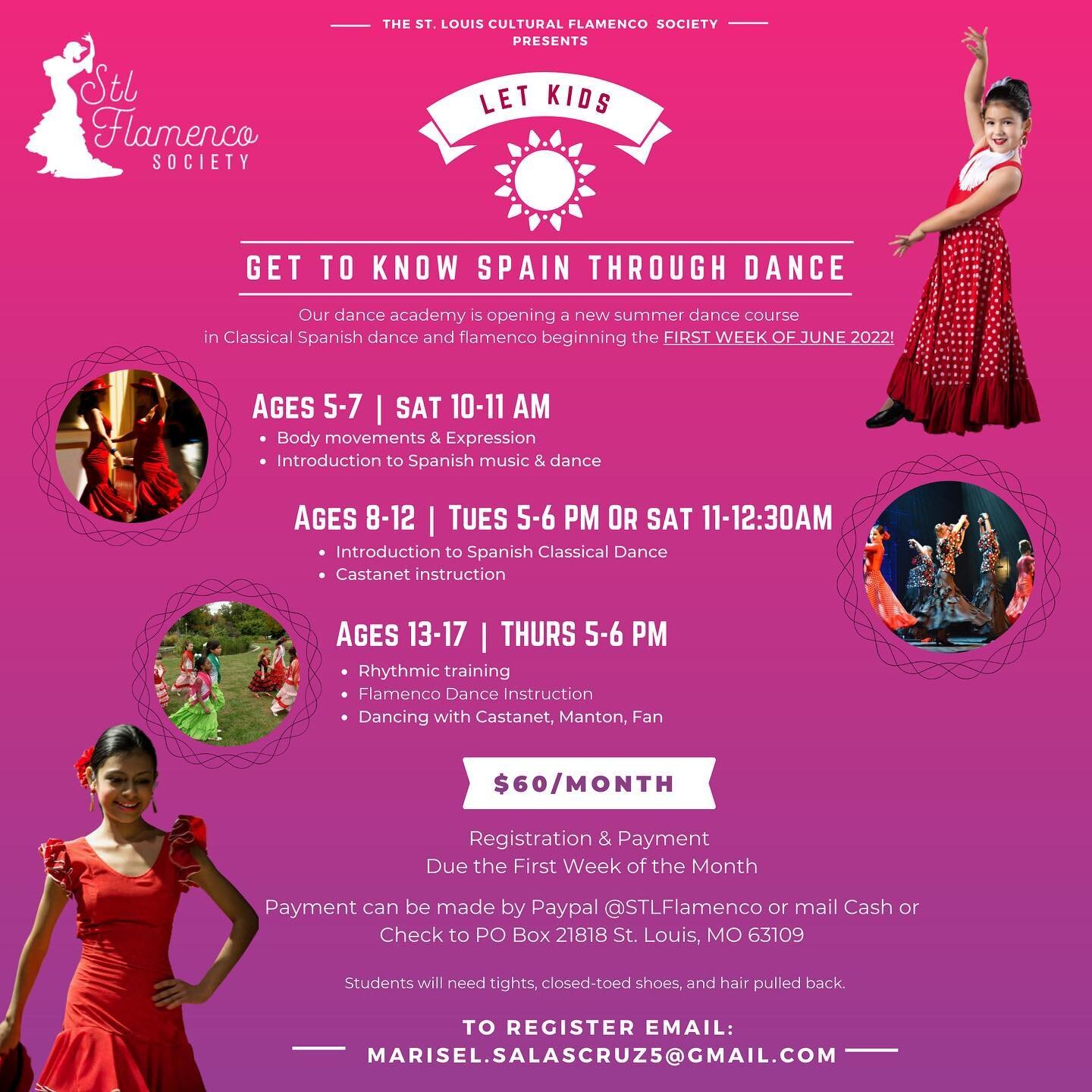 ☀️Now your kids have the opportunity to learn flamenco during our summer course beginning the first week of June! Various technique and instruction will be provided on different days of the week. 💃 

Levels for all ages are available. Payment is due